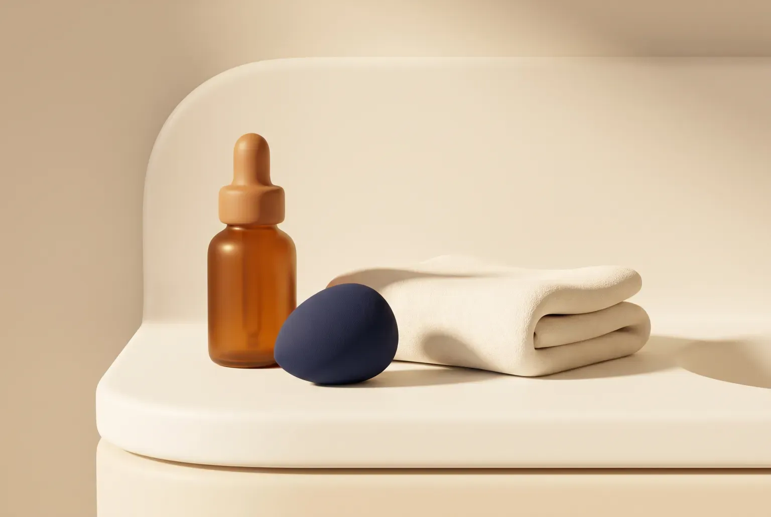 Illustration: an amber glass dropper bottle beside a navy makeup sponge and a folded cream towel on a rounded counter, drawn as a soft 3D render. Not a real product.