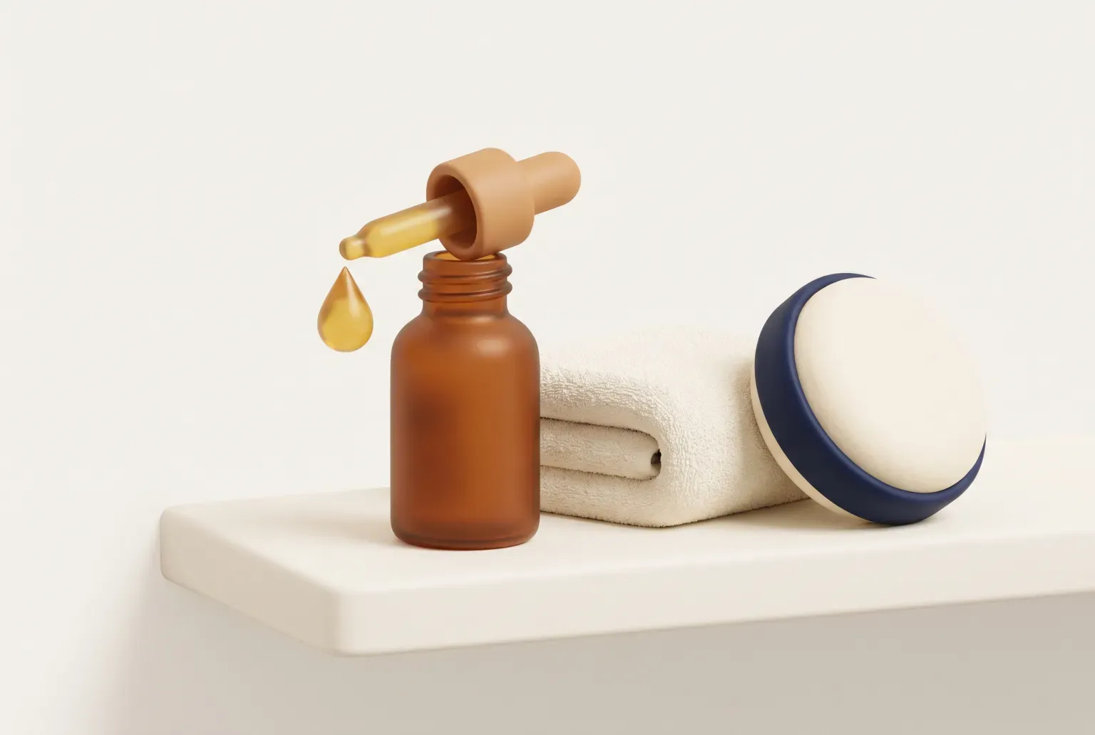 Illustration: a small plain glass dropper bottle with a golden drop of oil beside a folded cream towel and a soft round sponge on a bathroom shelf, drawn as a soft 3D render. Not a real product.