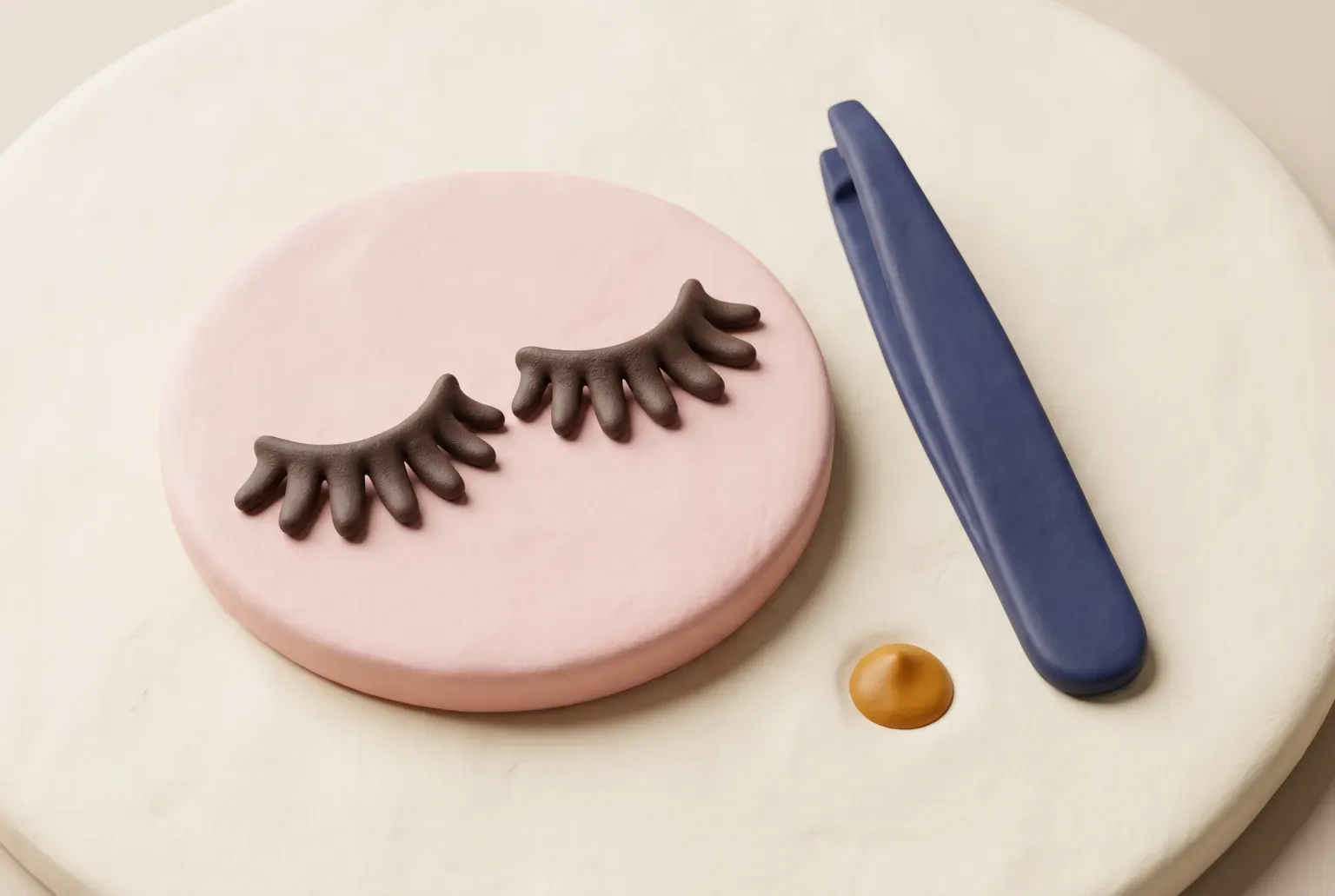 Illustration: a pair of soft brown false eyelash strips on a round pink pad beside a navy tweezer-style applicator and a small amber dot on a cream plate, drawn as a soft 3D render. Not a real product.
