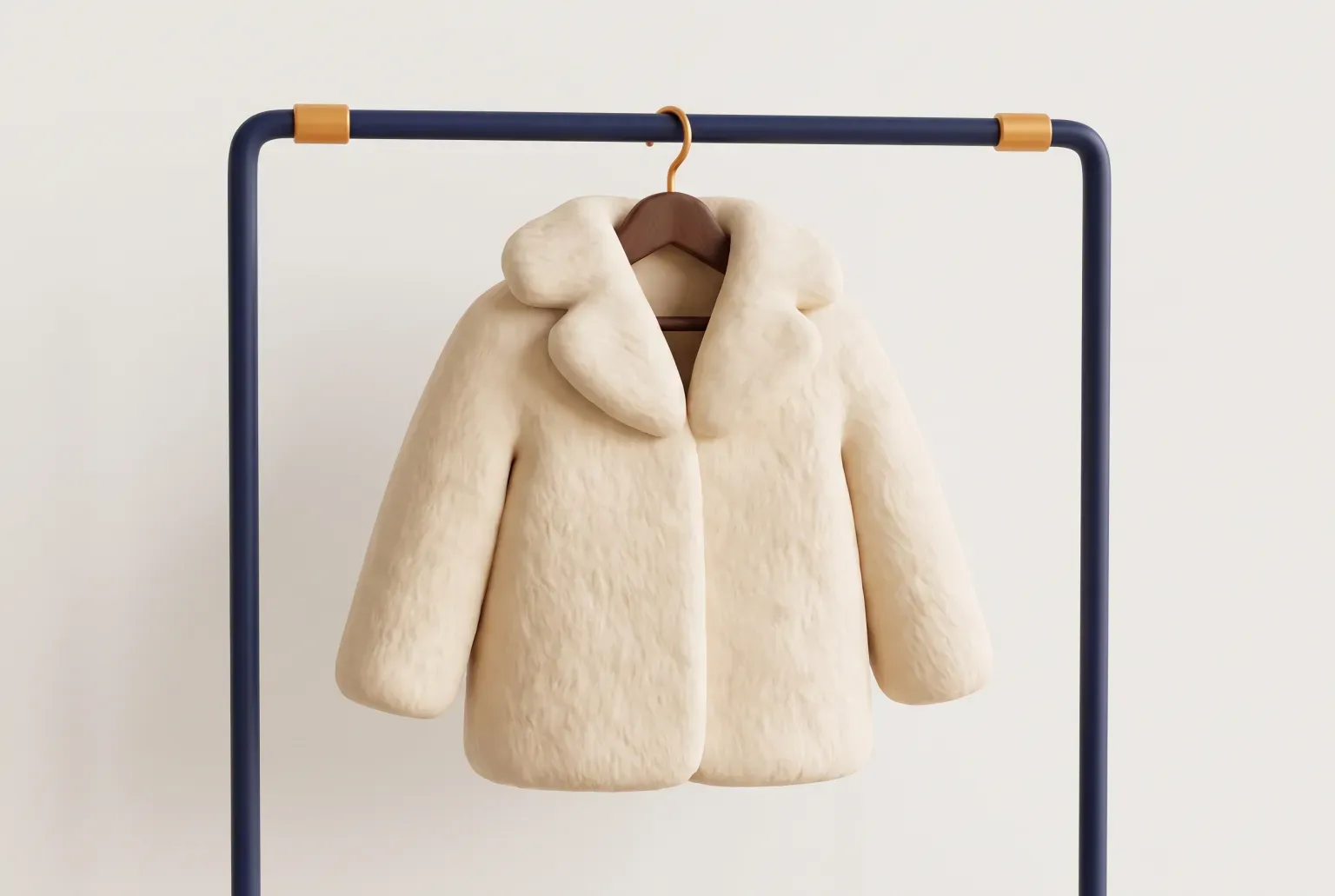 Illustration: a fluffy cream faux fur coat with a wide collar hanging on a wooden hanger from a navy clothing rail against a plain wall, drawn as a soft 3D render. Not a real product.