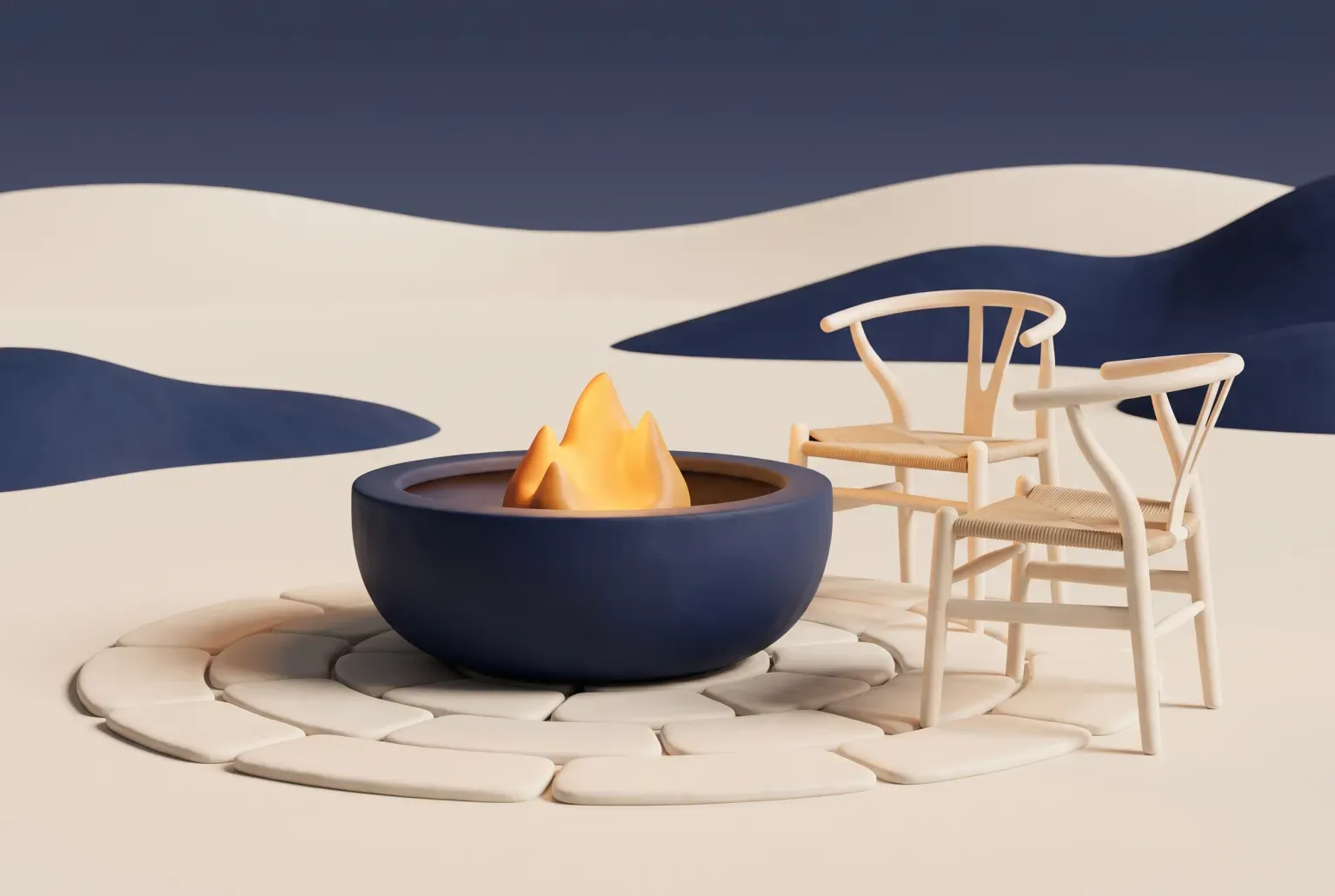 Illustration: a round navy fire pit bowl with a small flame on a ring of cream paving stones beside two wooden chairs, drawn as a soft 3D render. Not a real product.