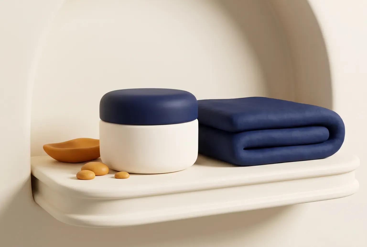 Illustration: a round cream jar with a navy lid beside a folded navy towel on a cream shelf, drawn as a soft 3D render. Not a real product.