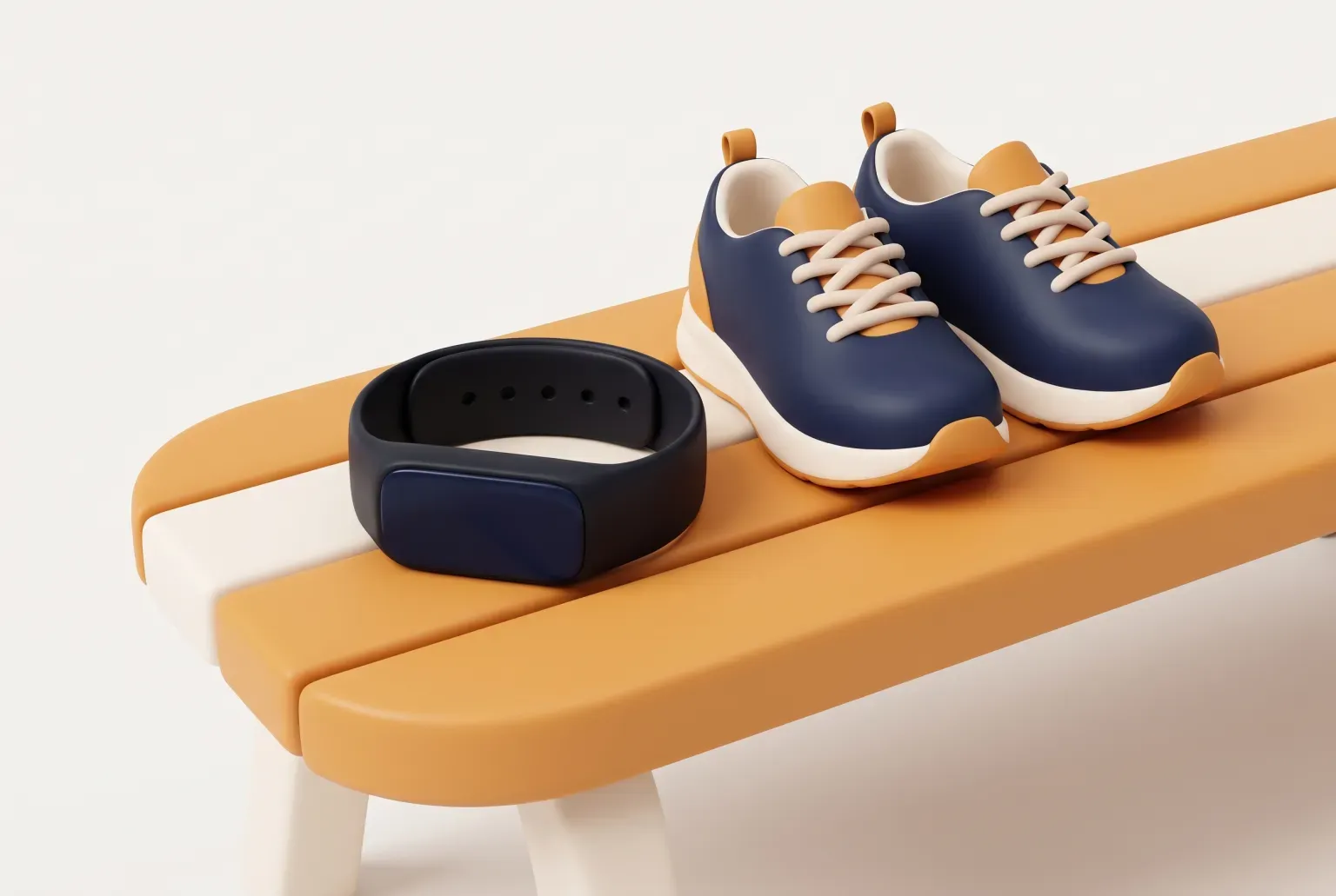 Illustration: a plain black fitness band with a blank screen on an orange bench beside navy running shoes, drawn as a soft 3D render. Not a real product.