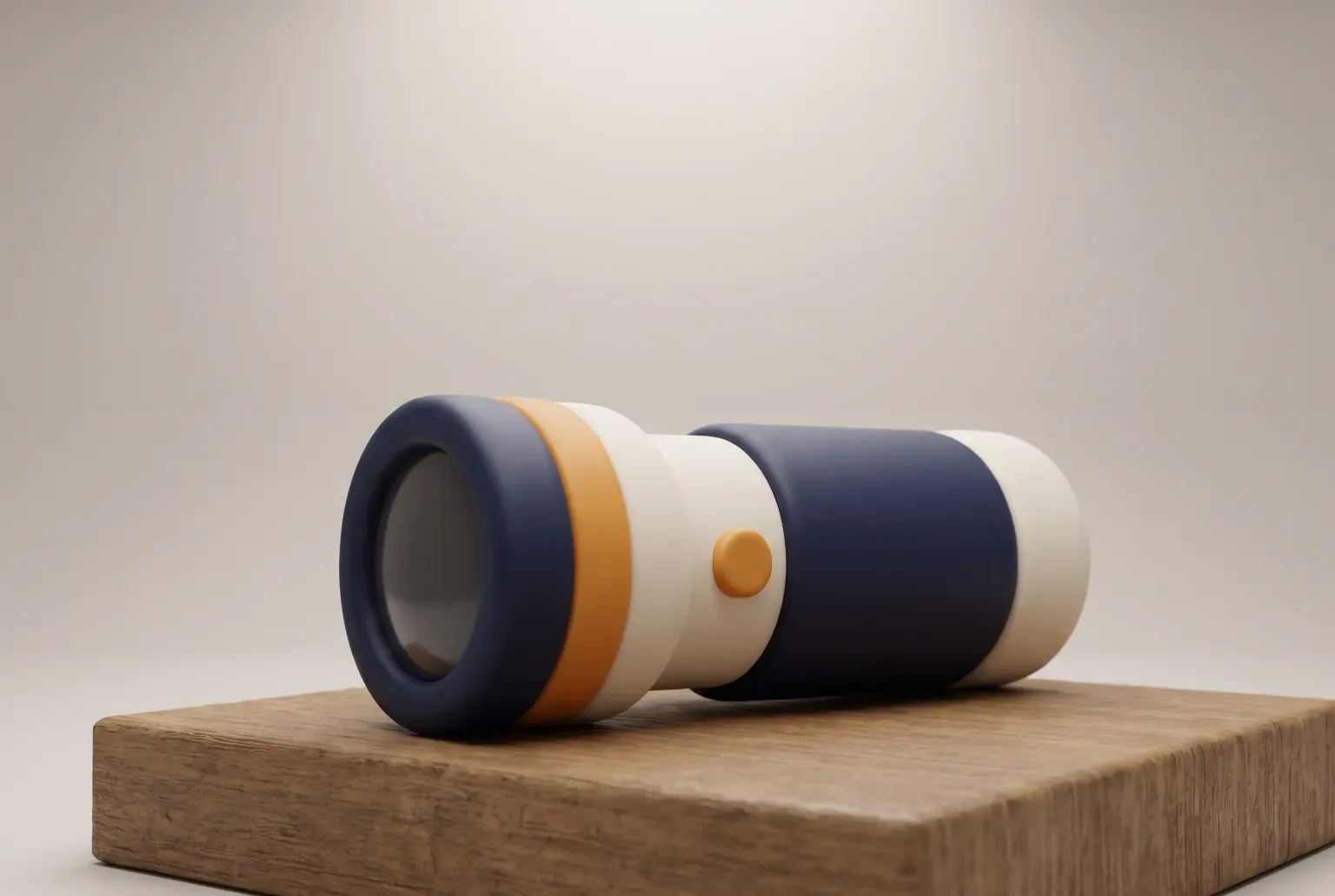 Illustration: a cream and navy handheld flashlight with an orange ring and button lying on a wooden block, drawn as a soft 3D render. Not a real product.