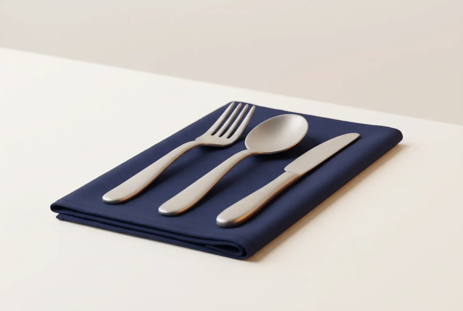 Illustration: a plain stainless steel fork, spoon and knife laid side by side on a folded navy linen napkin on a cream table, drawn as a soft 3D render. Not a real product.