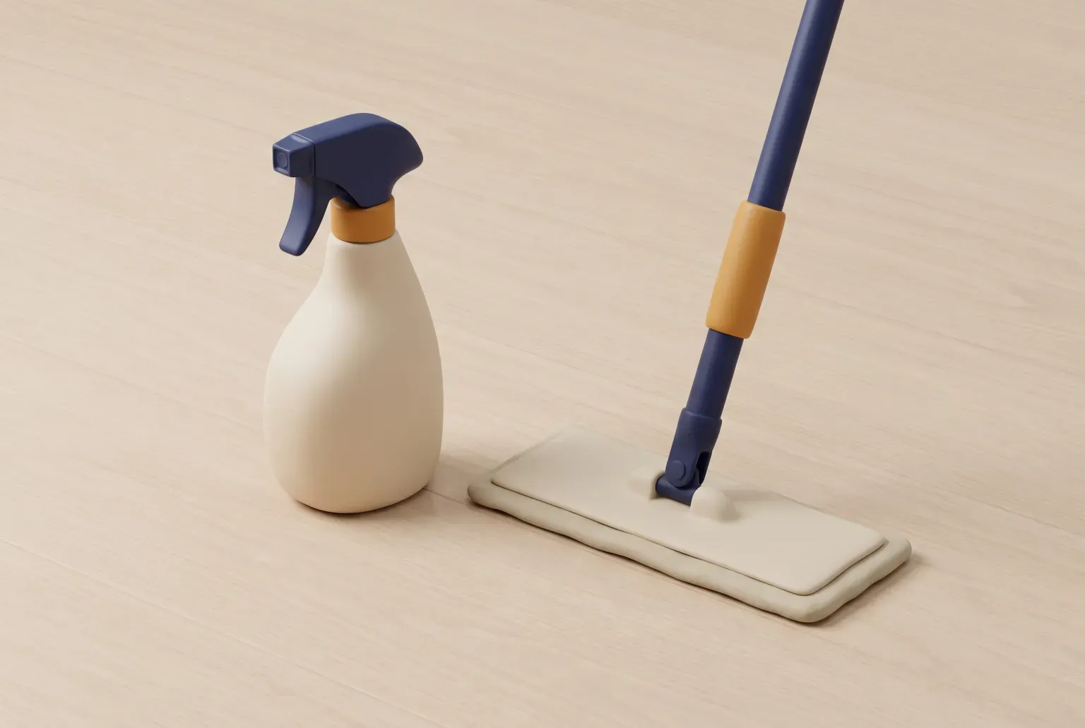 Illustration: a plain white spray bottle with no label beside a flat microfiber mop on a light wood floor, drawn as a soft 3D render. Not a real product.