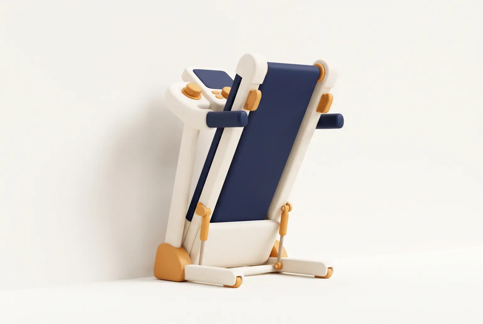 Illustration: a folding home treadmill with its deck folded up on its side against a plain cream wall, drawn as a soft 3D render. Not a real product.
