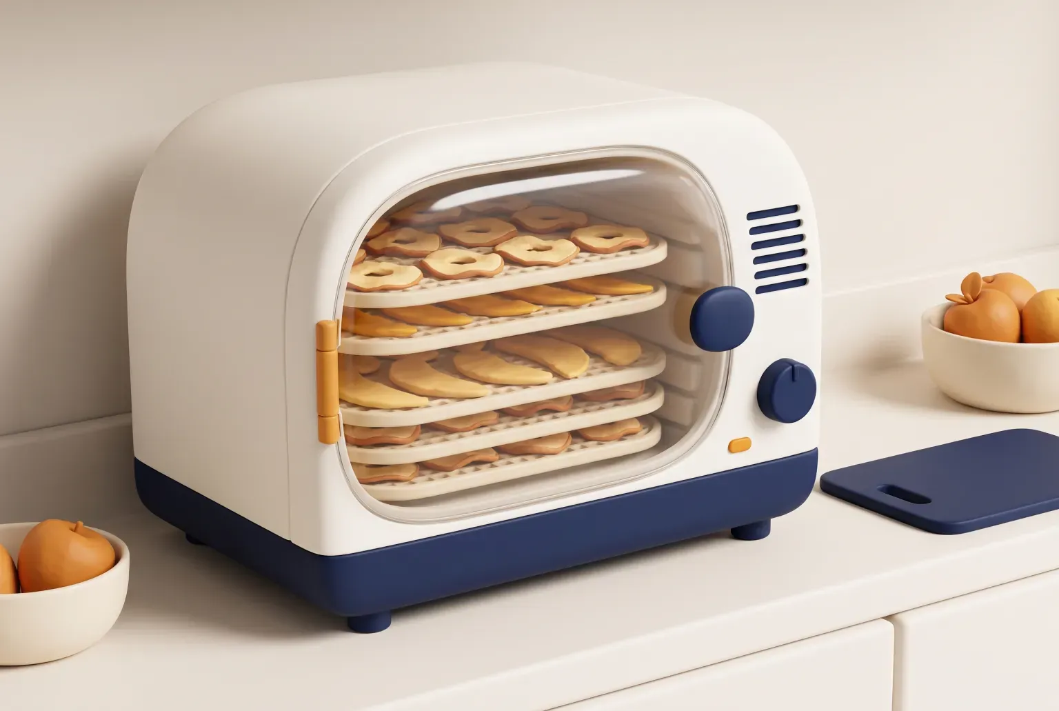 Illustration: a cream box-shaped food dehydrator with a clear door showing trays of dried fruit slices on a kitchen counter, drawn as a soft 3D render. Not a real product.