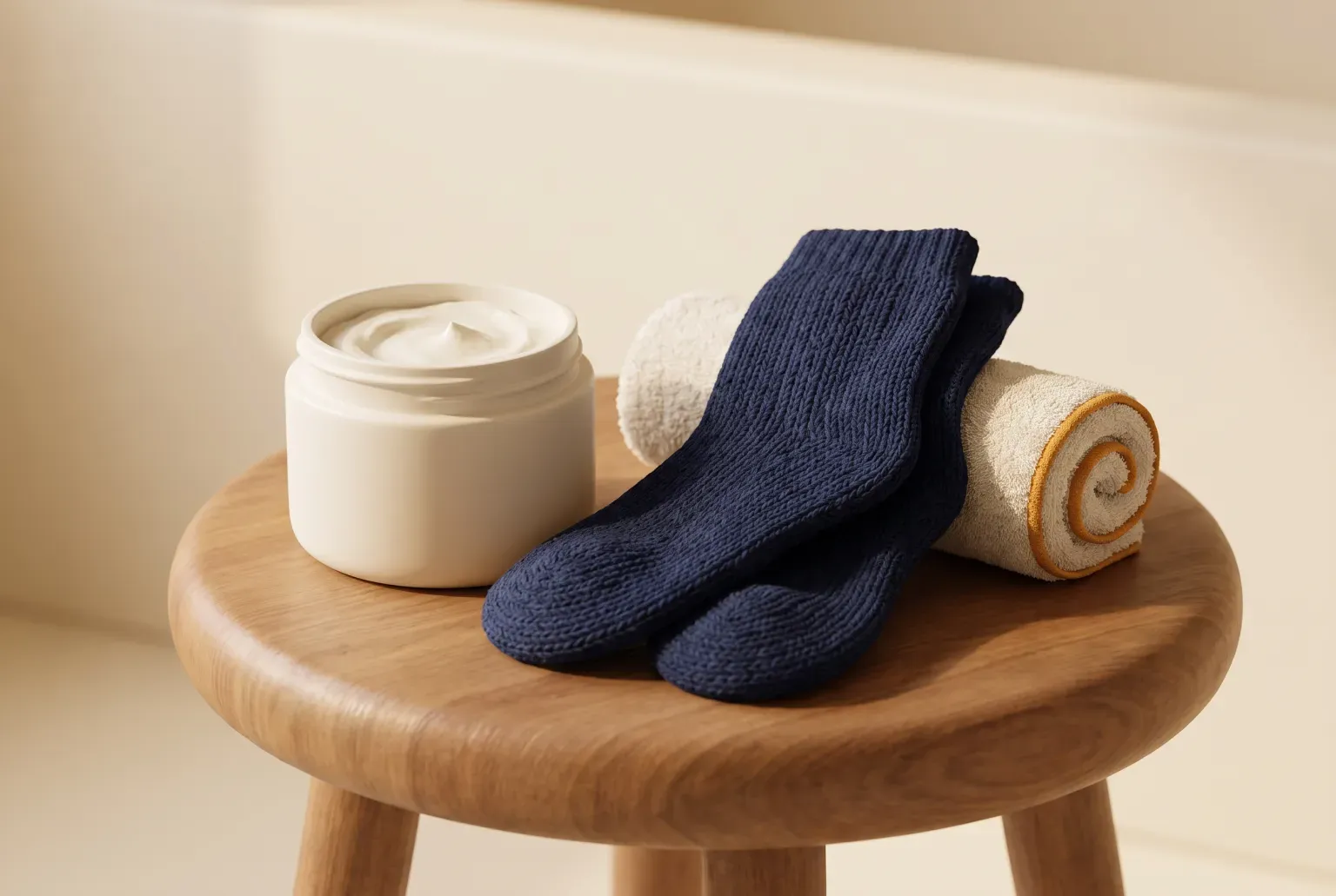 Illustration: a plain open white cream jar beside a pair of folded navy woolly socks and a rolled towel on a wooden stool in warm light, drawn as a soft 3D render. Not a real product.