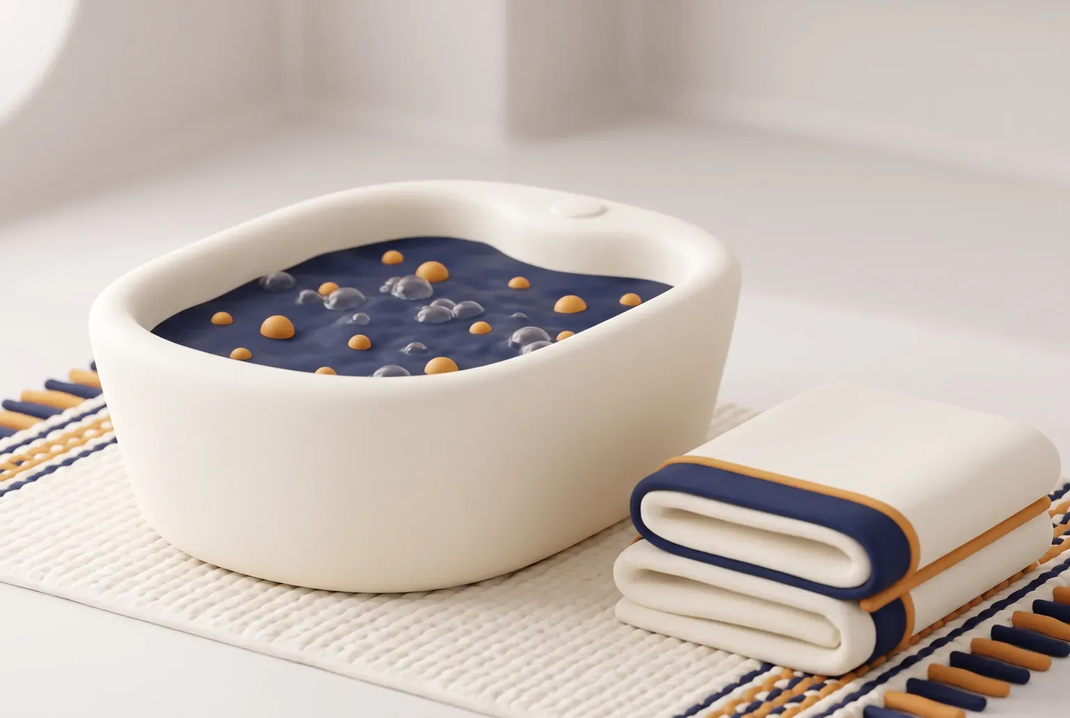 Illustration: a cream oval foot spa tub of bubbling water on a woven bath mat beside a folded towel, drawn as a soft 3D render. Not a real product.