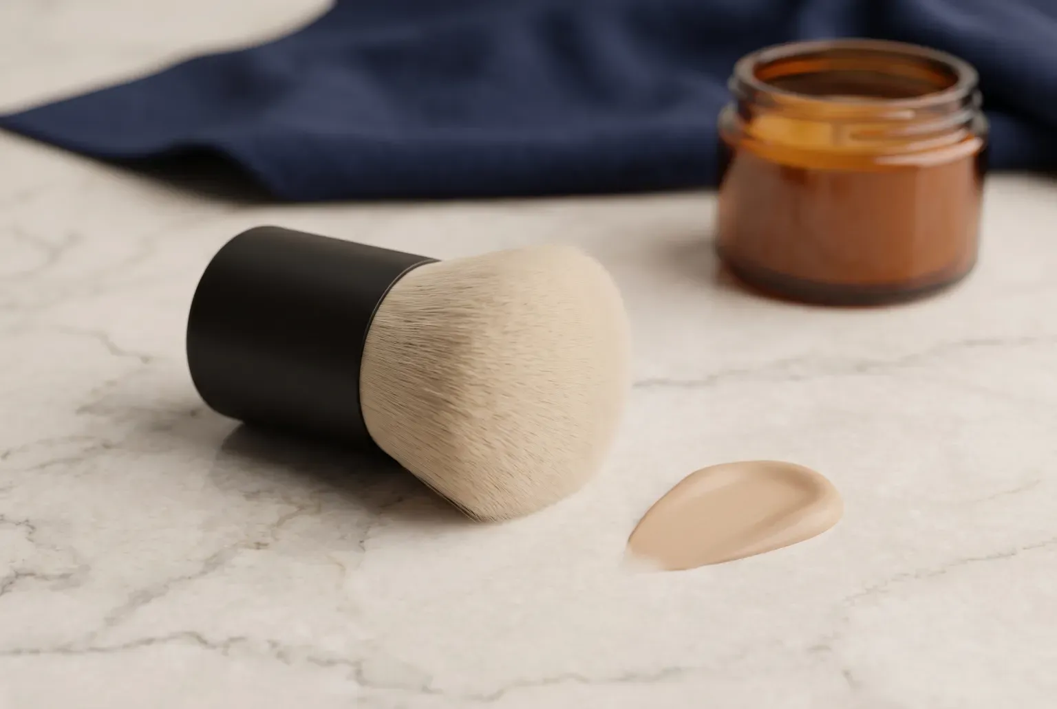 Illustration: a single black-handled flat-top kabuki makeup brush lying on a white marble vanity beside a soft swatch of beige cream and an amber glass jar, drawn as a soft 3D render. Not a real product.
