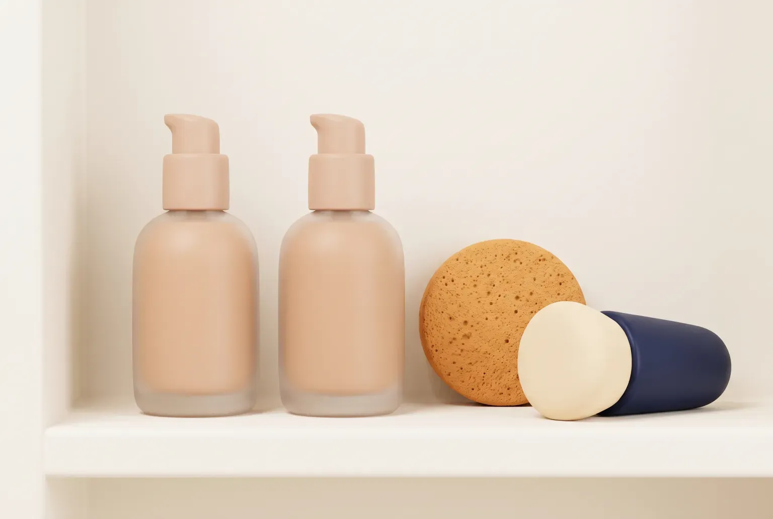 Illustration: a plain round compact and a short tube with a flat applicator sponge laid on a pale pink surface beside an empty white bowl, drawn as a soft 3D render. Not a real product.