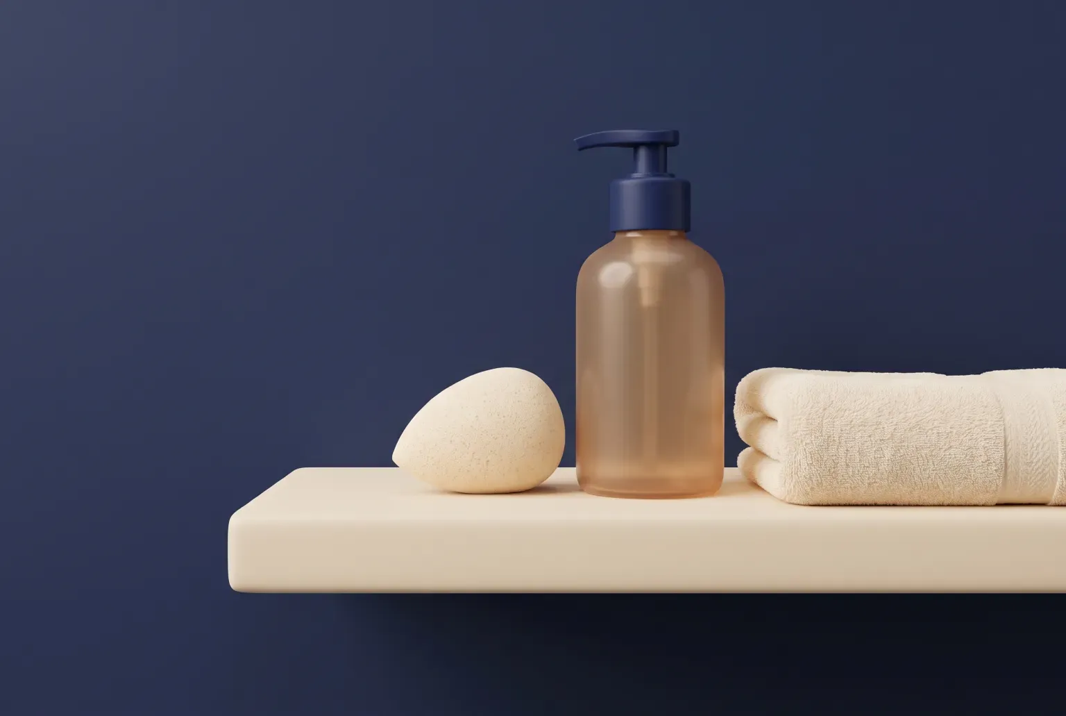 Illustration: a plain round glass bottle with a pump beside a soft makeup sponge and a folded cream towel on a bathroom shelf, drawn as a soft 3D render. Not a real product.