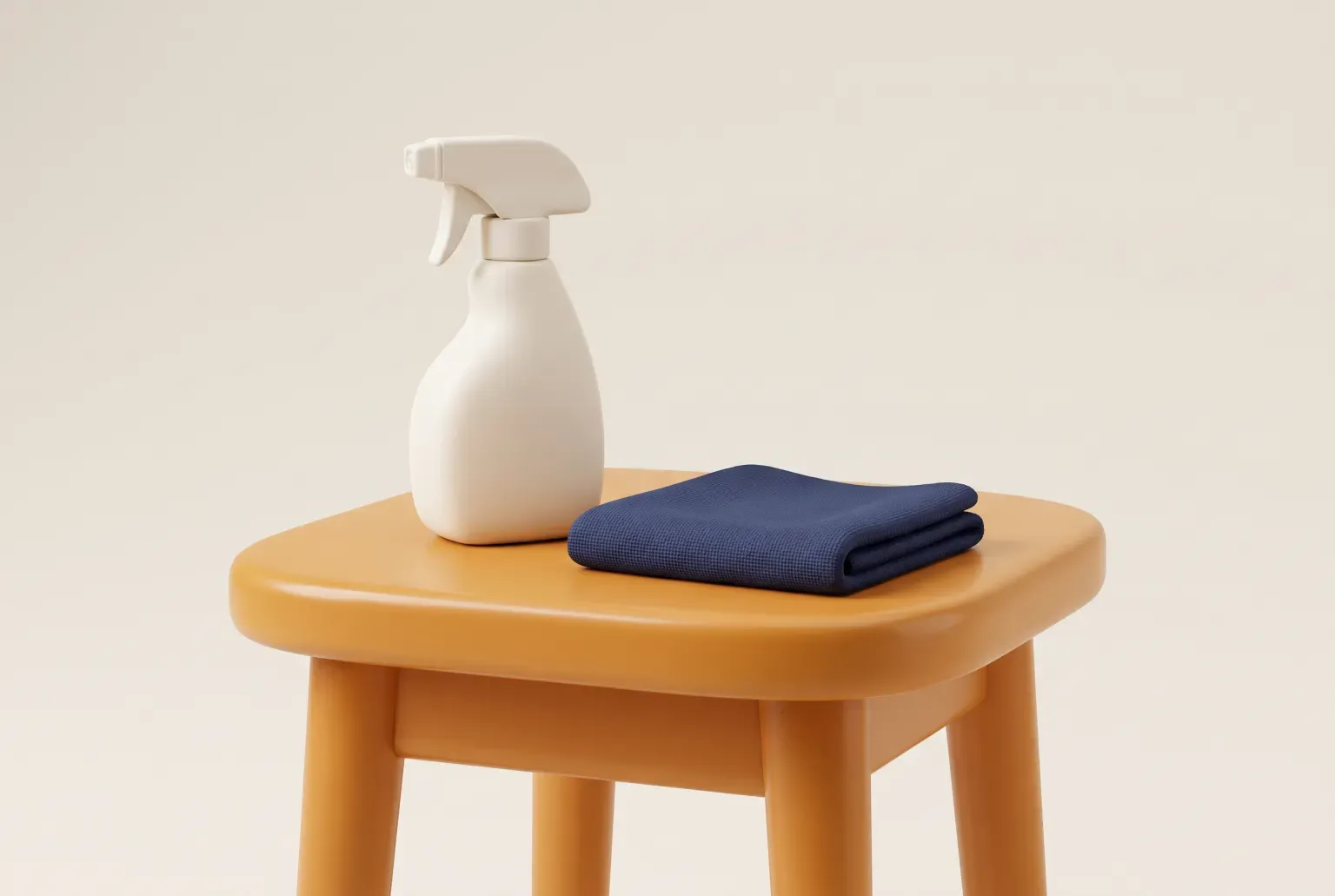 Illustration: a plain cream spray bottle and a folded navy cloth on a small amber wooden stool, drawn as a soft 3D render. Not a real product.