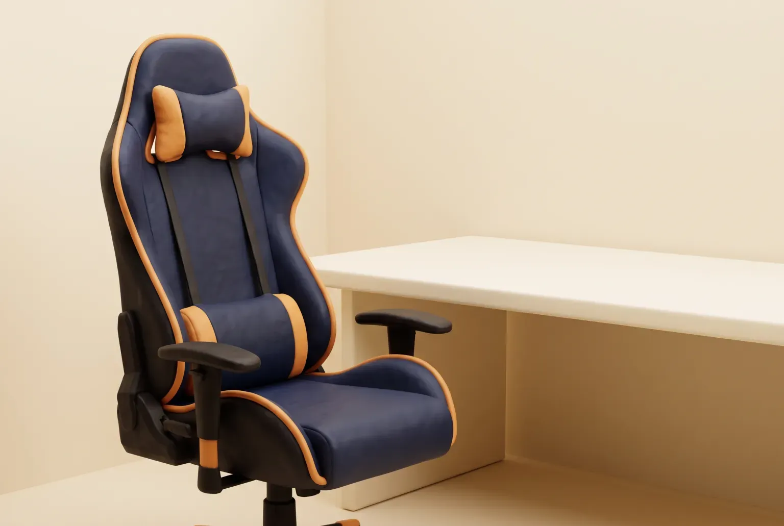 Illustration: a high-back racing-style gaming chair in navy and black with amber trim and a neck and lumbar cushion beside a plain desk, drawn as a soft 3D render. Not a real product.
