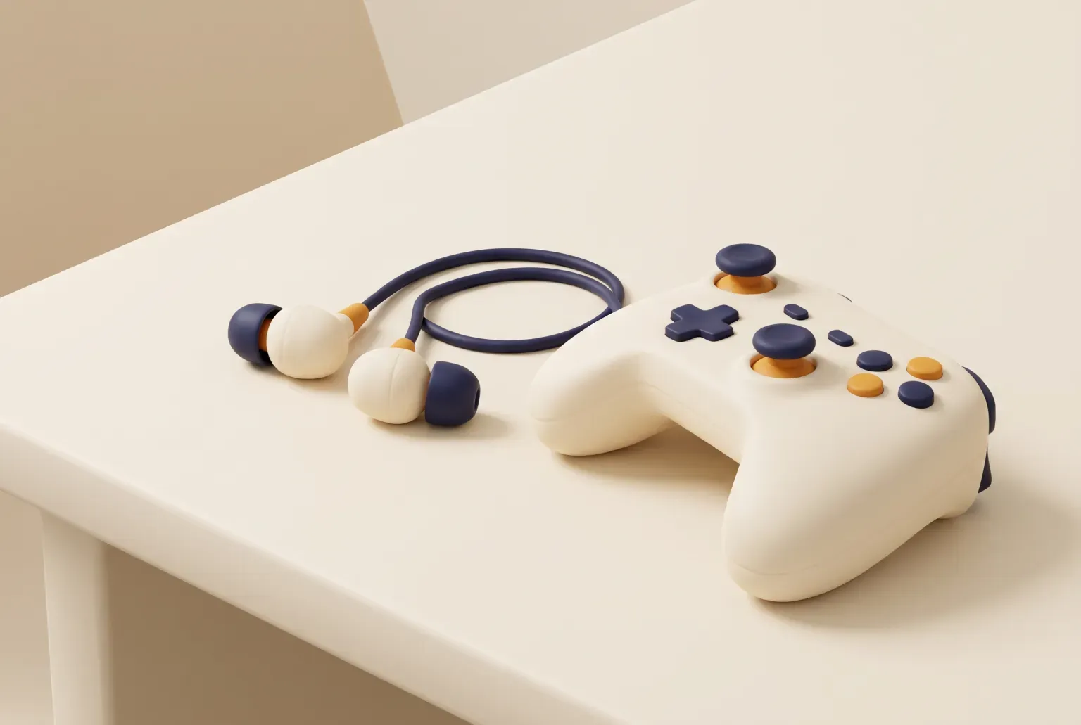 Illustration: a pair of cream and navy in-ear earbuds on a short navy cable resting beside a cream game controller on a tidy desk, drawn as a soft 3D render. Not a real product.