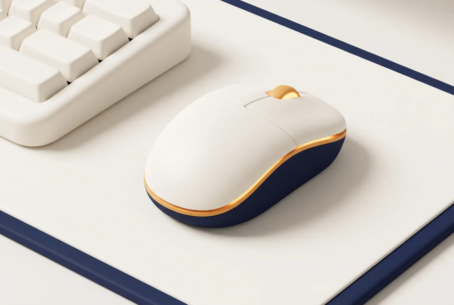 Illustration: a plain cream-colored computer mouse with a navy base and a thin orange glow line on a desk mat beside a keyboard, drawn as a soft 3D render. Not a real product.