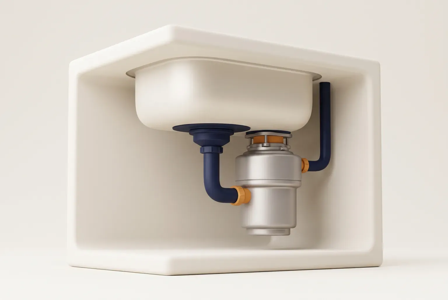 Illustration: a cream kitchen sink cutaway with a compact silver garbage disposal mounted under the drain and navy pipes, drawn as a soft 3D render. Not a real product.