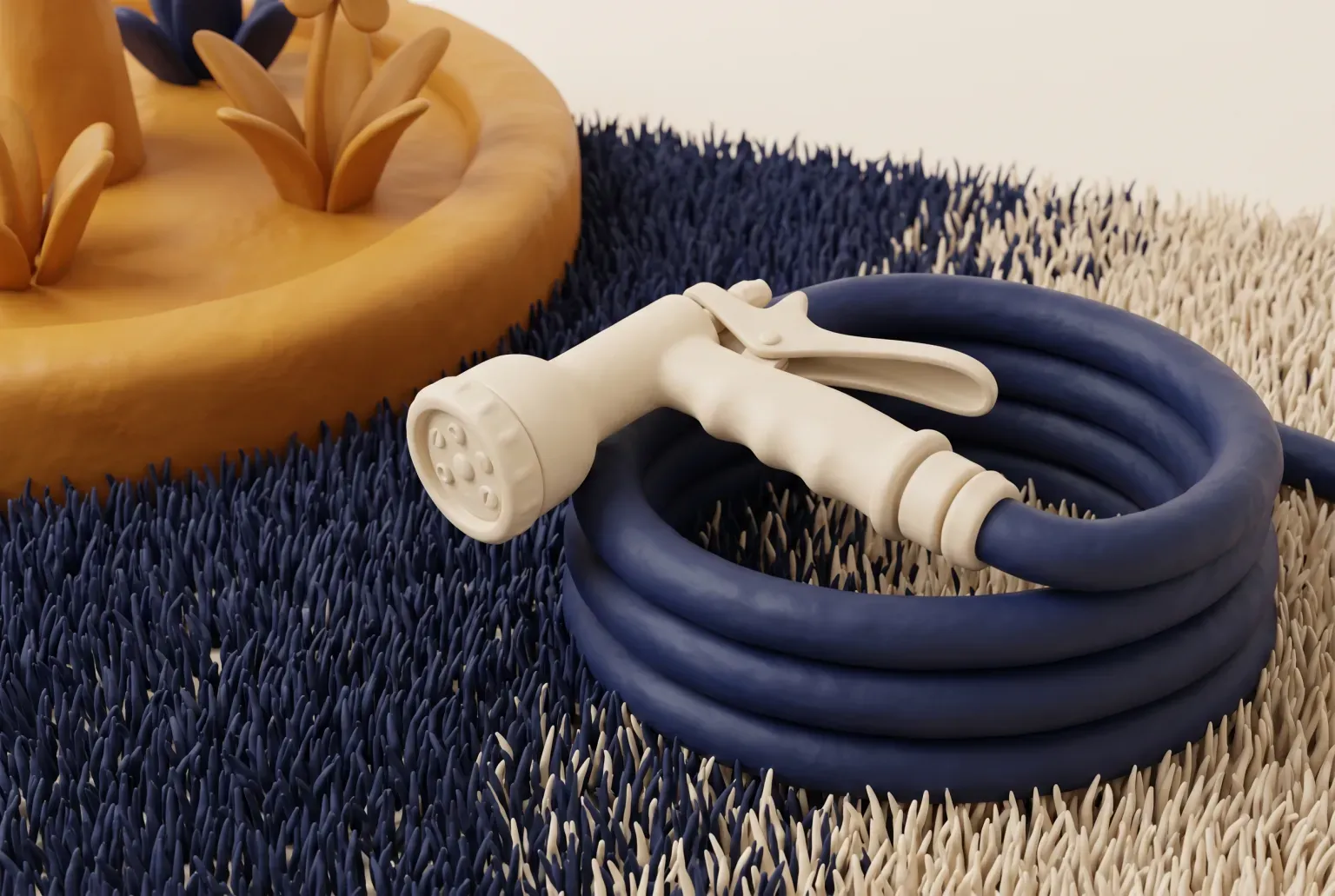 Illustration: a cream pistol-grip hose nozzle resting on a coil of navy garden hose on a navy and cream lawn beside a flower bed, drawn as a soft 3D render. Not a real product.