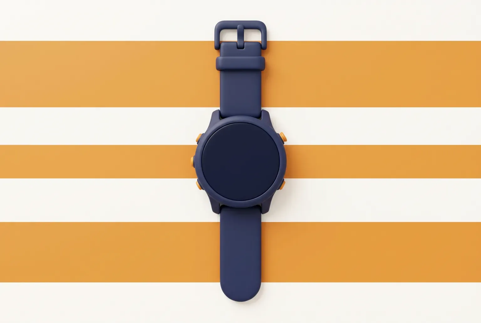 Illustration: a plain navy sports watch with a blank dark screen and four silicone strap ends lying on cream and amber stripes, drawn as a soft 3D render. Not a real product.