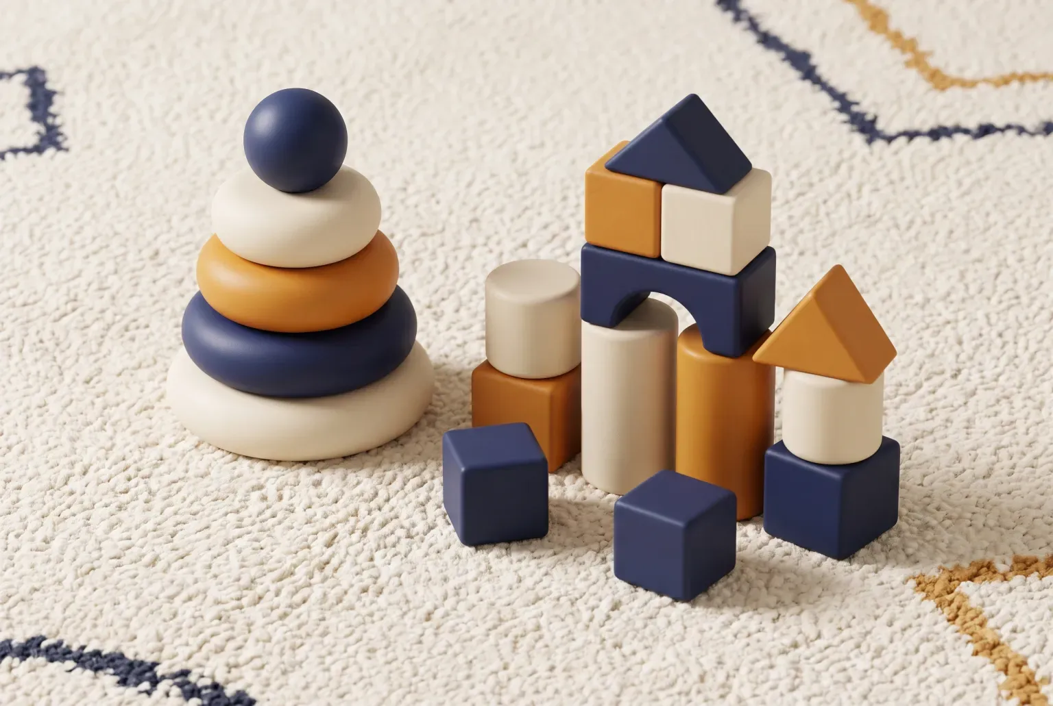 Illustration: simple wooden stacking rings and blocks on a soft play rug, drawn as a soft 3D render. Not a real product.