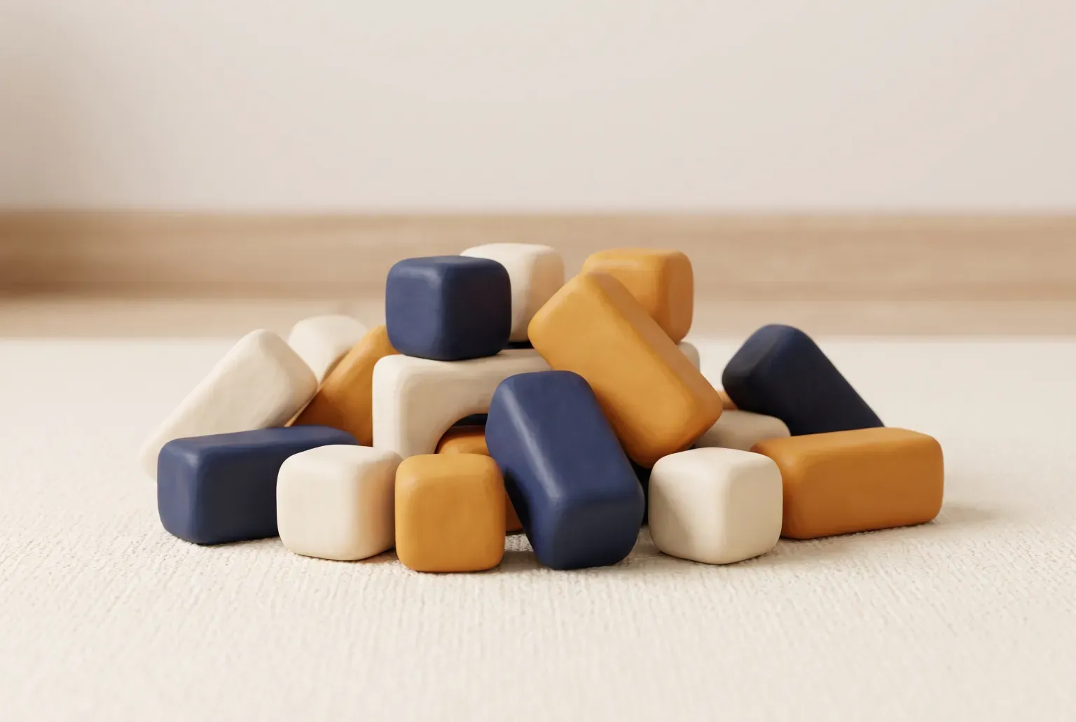 Illustration: a pile of plain colorful wooden building blocks on a playroom floor, drawn as a soft 3D render. Not a real product.