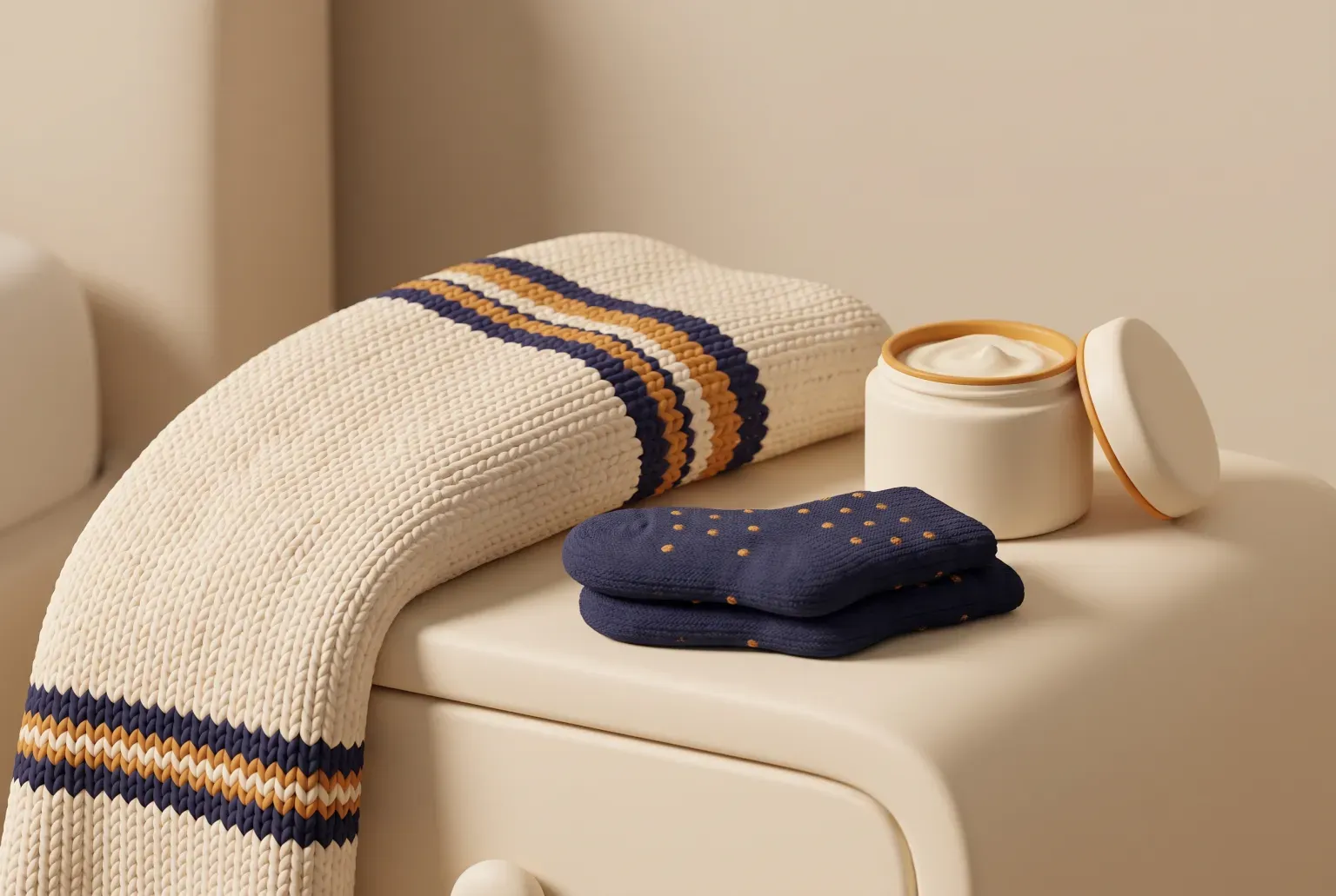Illustration: a knit blanket, a pair of soft socks and a plain jar of body cream on a bedside table, drawn as a soft 3D render. Not a real product.