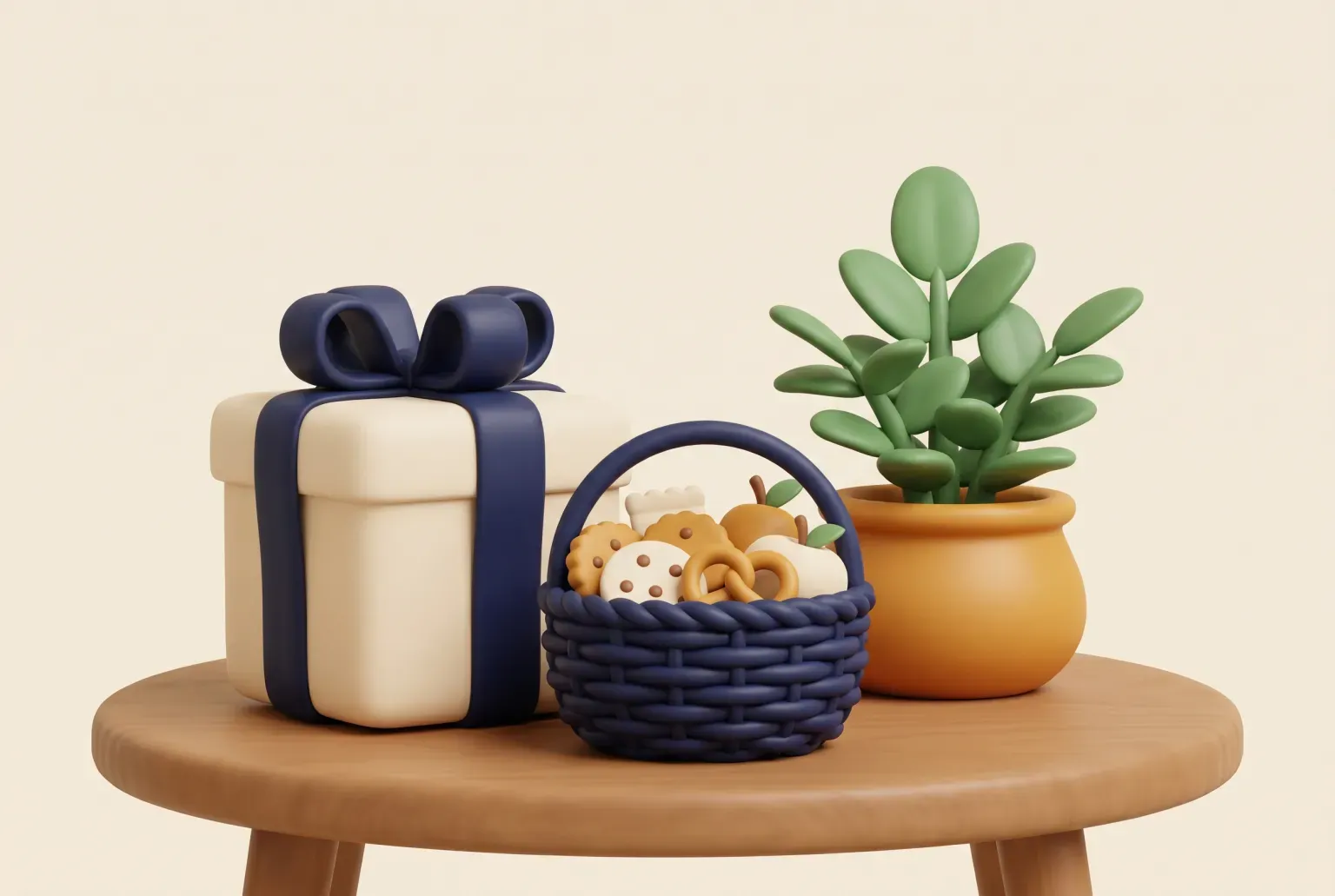 Illustration: a wrapped gift box with a navy ribbon, a small woven basket of snacks and a potted plant on a round wooden table, drawn as a soft 3D render. Not a real product.