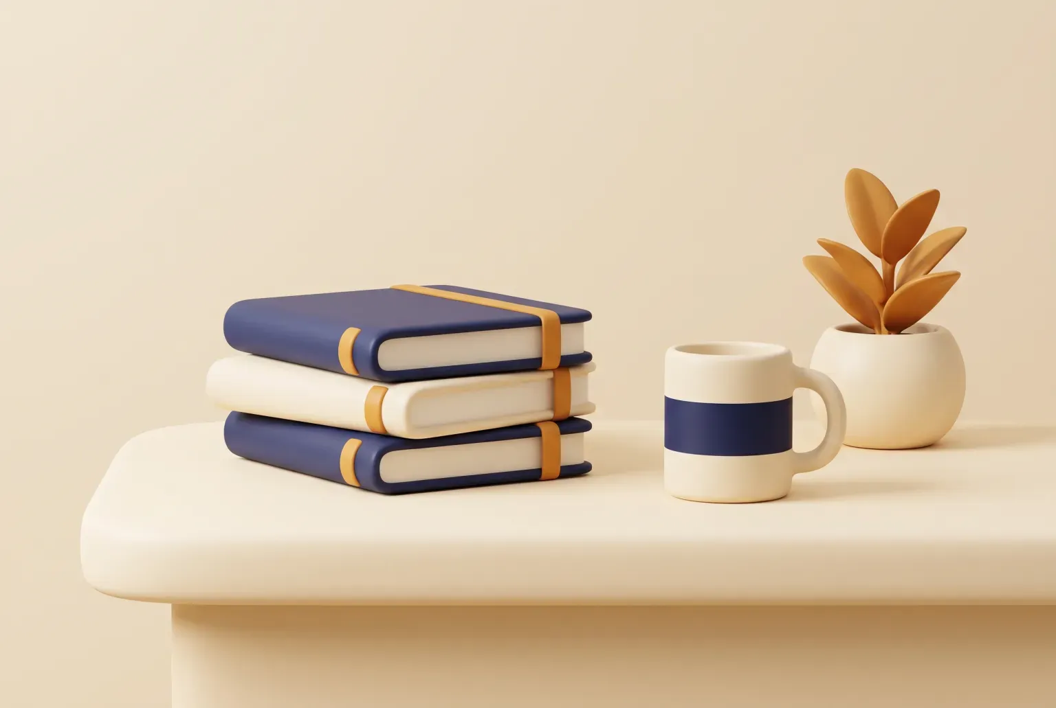 Illustration: a stack of notebooks, a mug and a small potted plant on a classroom desk, drawn as a soft 3D render. Not a real product.