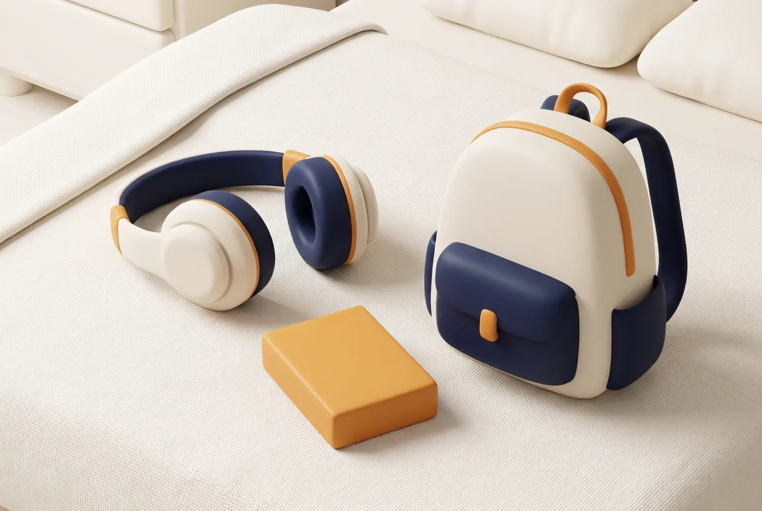Illustration: plain headphones, a blank card box and a small backpack on a bed, drawn as a soft 3D render. Not a real product.