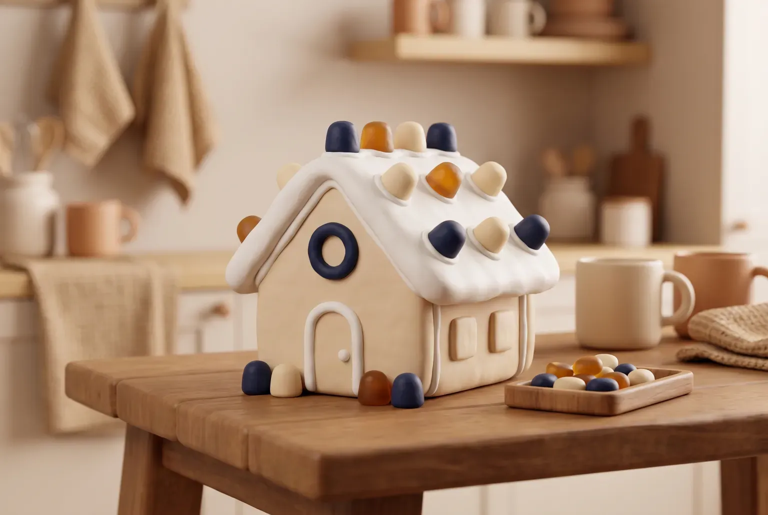 Illustration: a small cream gingerbread-style house with white icing and navy and amber gumdrops on a wooden kitchen table beside a tray of candies, drawn as a soft 3D render. Not a real product.