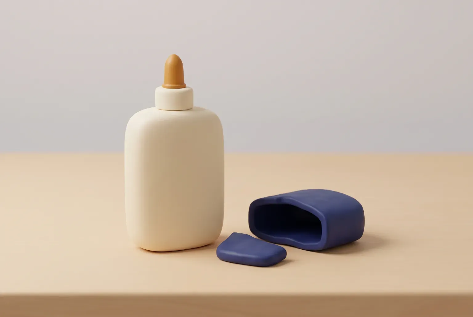 Illustration: a cream glue bottle beside a broken navy plastic piece on a wooden table, drawn as a soft 3D render. Not a real product.