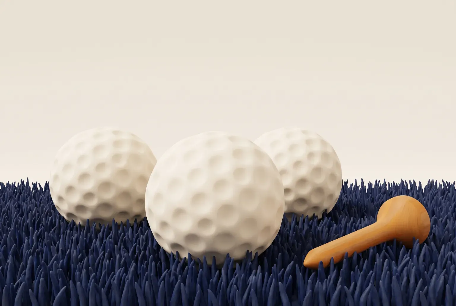 Illustration: three plain white dimpled golf balls resting in deep navy grass beside a wooden tee, drawn as a soft 3D render. Not a real product.
