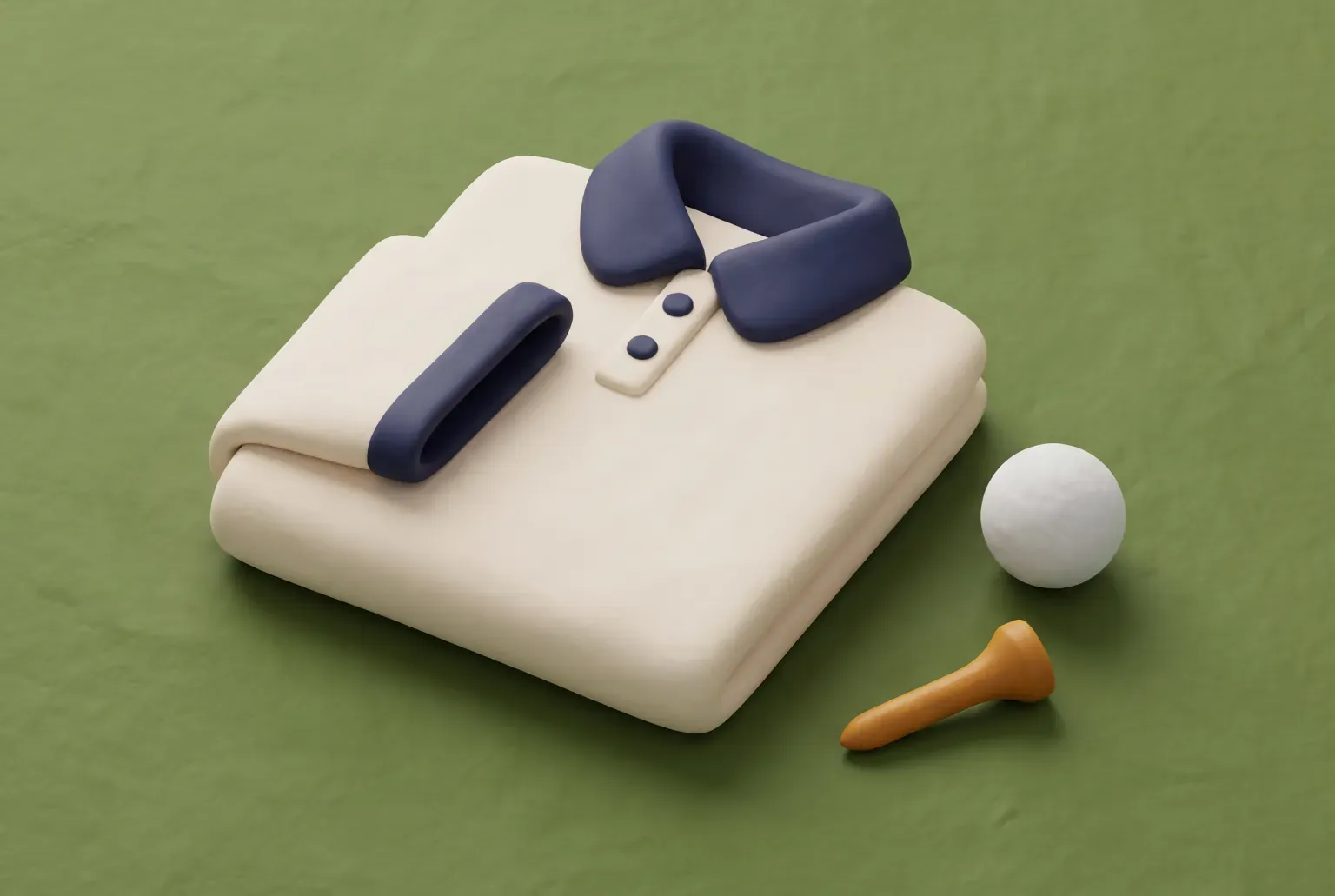 Illustration: a folded cream polo shirt with a navy collar on a green lawn beside a white golf ball and a wooden tee, drawn as a soft 3D render. Not a real product.