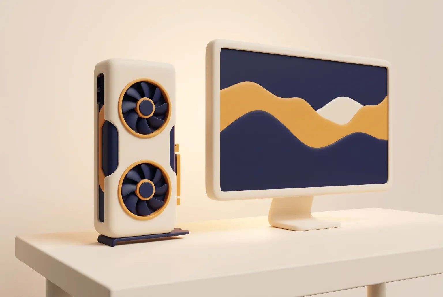 Illustration: a cream desktop graphics card with two round fans standing beside a widescreen monitor on a clean white desk, drawn as a soft 3D render. Not a real product.