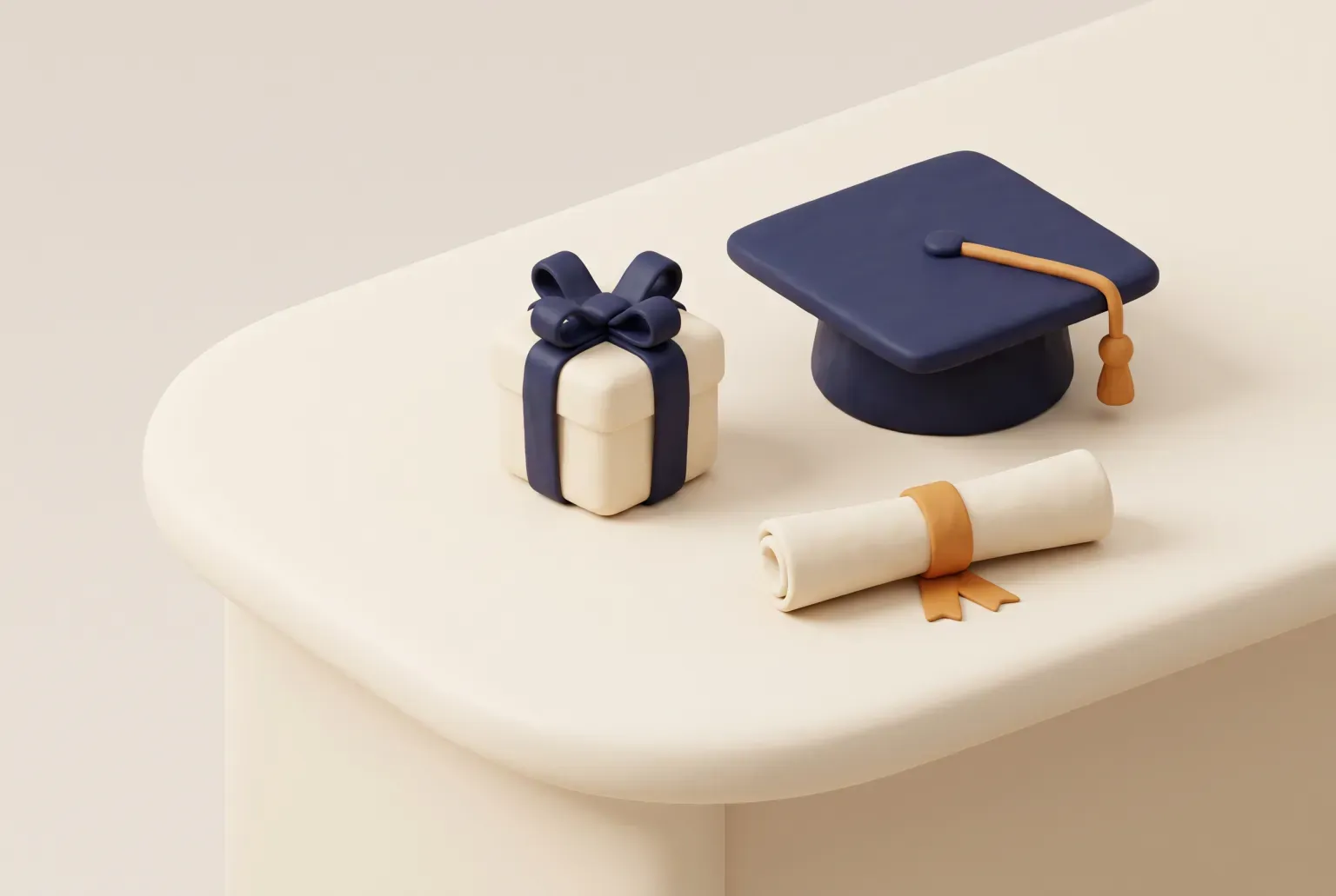 Illustration: a small wrapped gift box, a graduation cap and a rolled certificate tied with a ribbon on a cream desk, drawn as a soft 3D render. Not a real product.