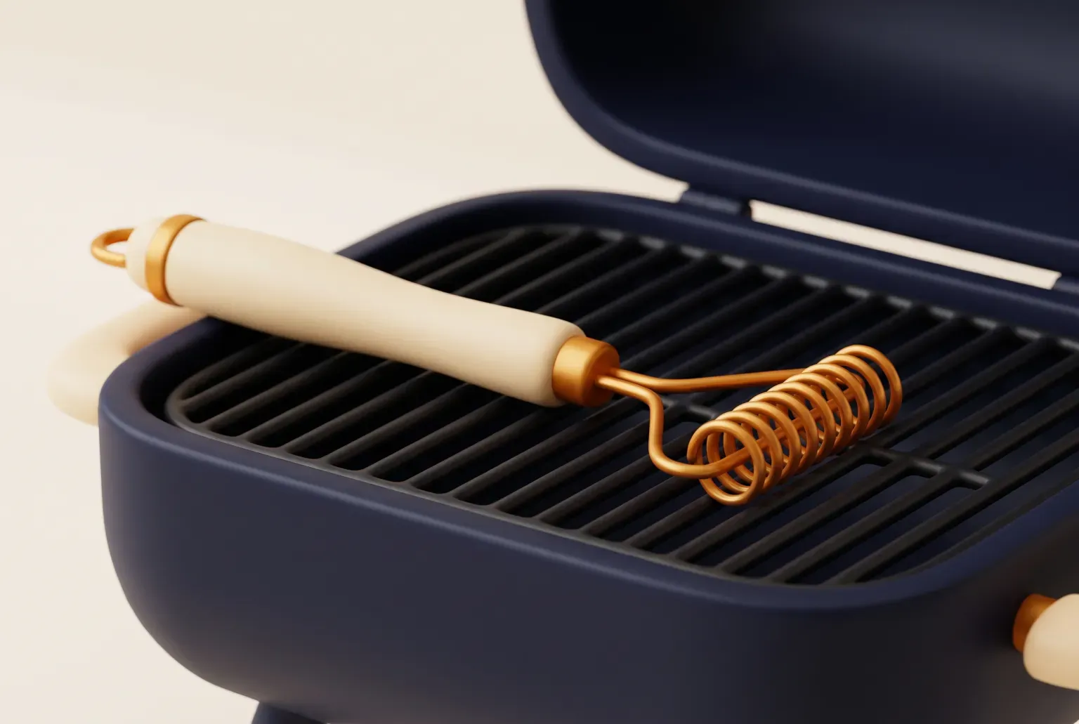 Illustration: a long wooden-handled grill brush with a coiled metal head resting across the black grates of an open grill, drawn as a soft 3D render. Not a real product.