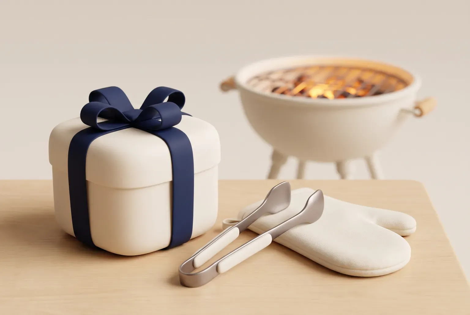 Illustration: a cream gift box with a navy ribbon beside metal grilling tongs and an oven glove, with a small charcoal grill behind, drawn as a soft 3D render. Not a real product.