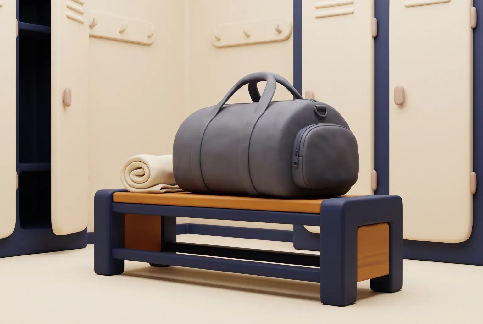 Illustration: a plain charcoal gray duffel bag with a zipped end pocket on a navy and amber locker room bench beside a rolled cream towel, drawn as a soft 3D render. Not a real product.