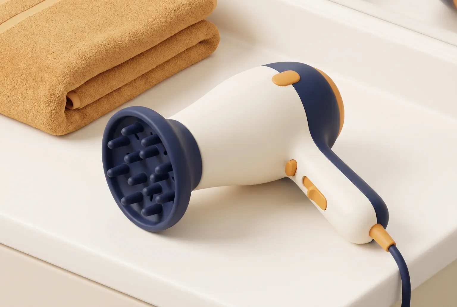 Illustration: a cream and navy hair dryer with a finger diffuser attached, lying on a white bathroom counter beside a folded tan towel. Not a real product.