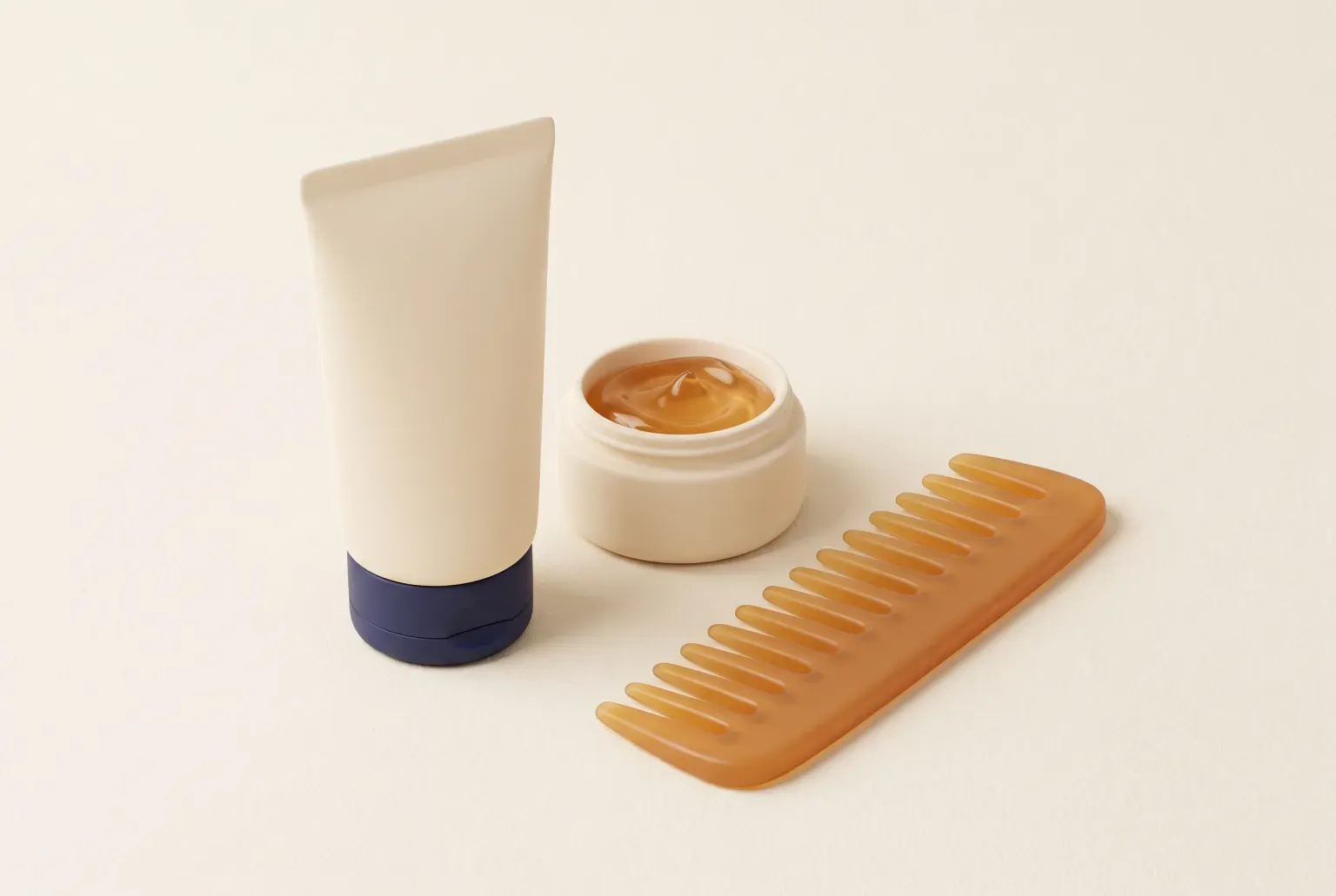 Illustration: a cream-colored squeeze tube with a navy cap beside a small open jar of clear amber gel and an amber wide-tooth comb on a cream surface, drawn as a soft 3D render. Not a real product.