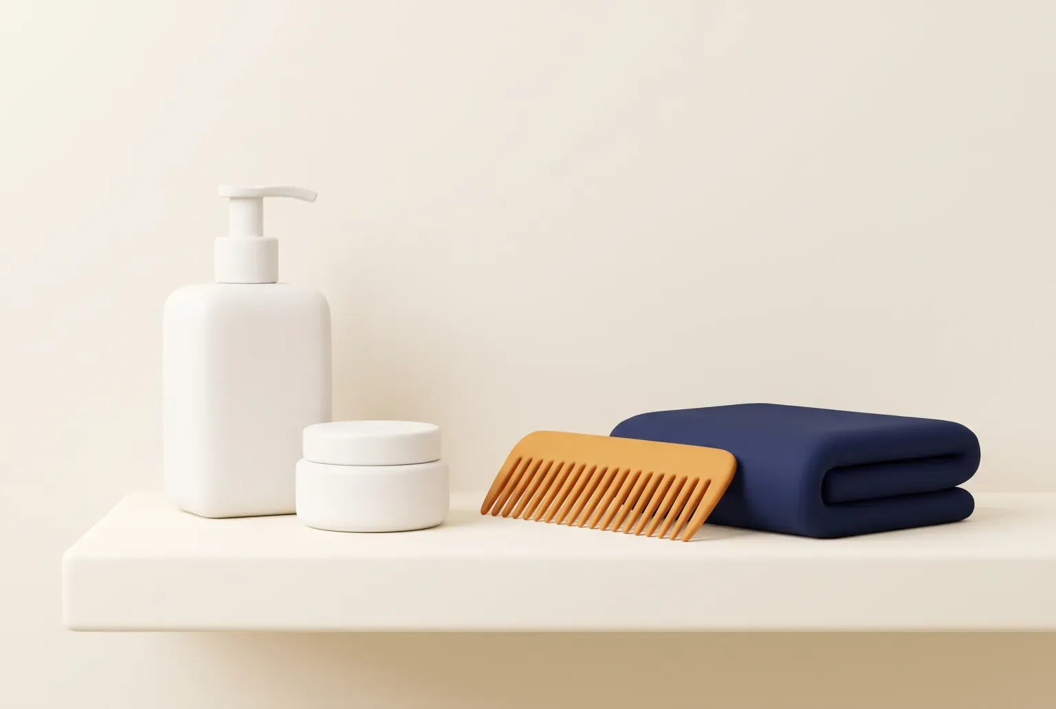 Illustration: a plain white pump bottle and a small round cream jar beside a wooden wide-tooth comb and a folded navy towel on a pale shelf, drawn as a soft 3D render. Not a real product.