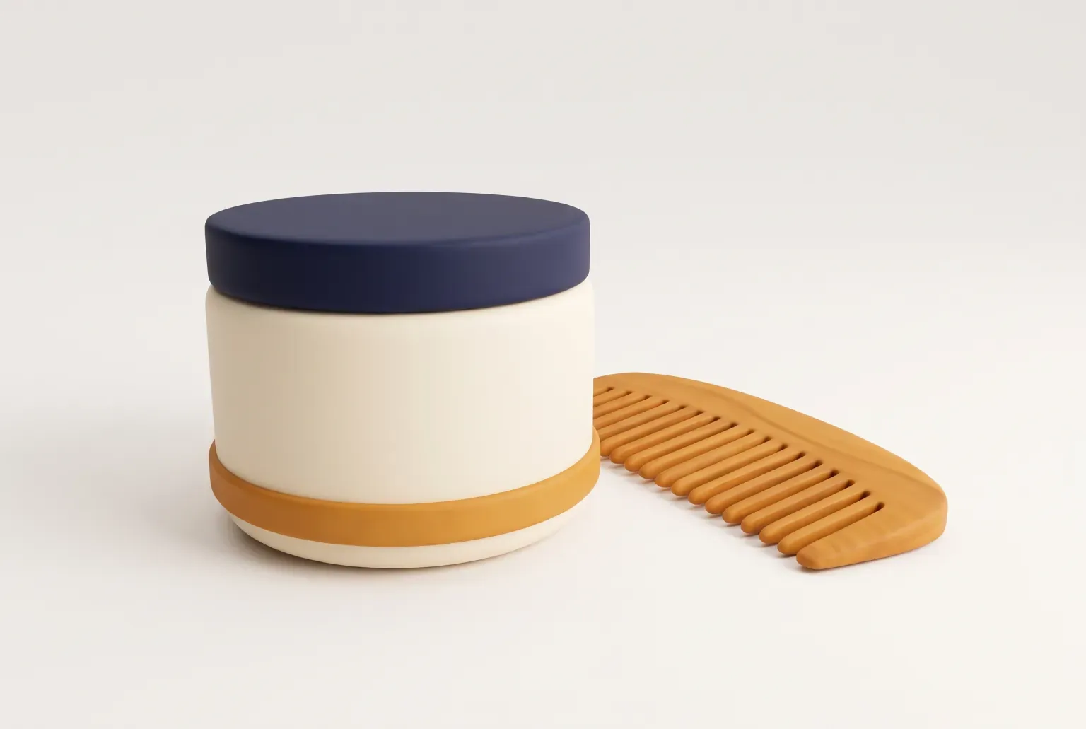 Illustration: a cream tub with a navy lid beside a wooden comb, drawn as a soft 3D render. Not a real product.