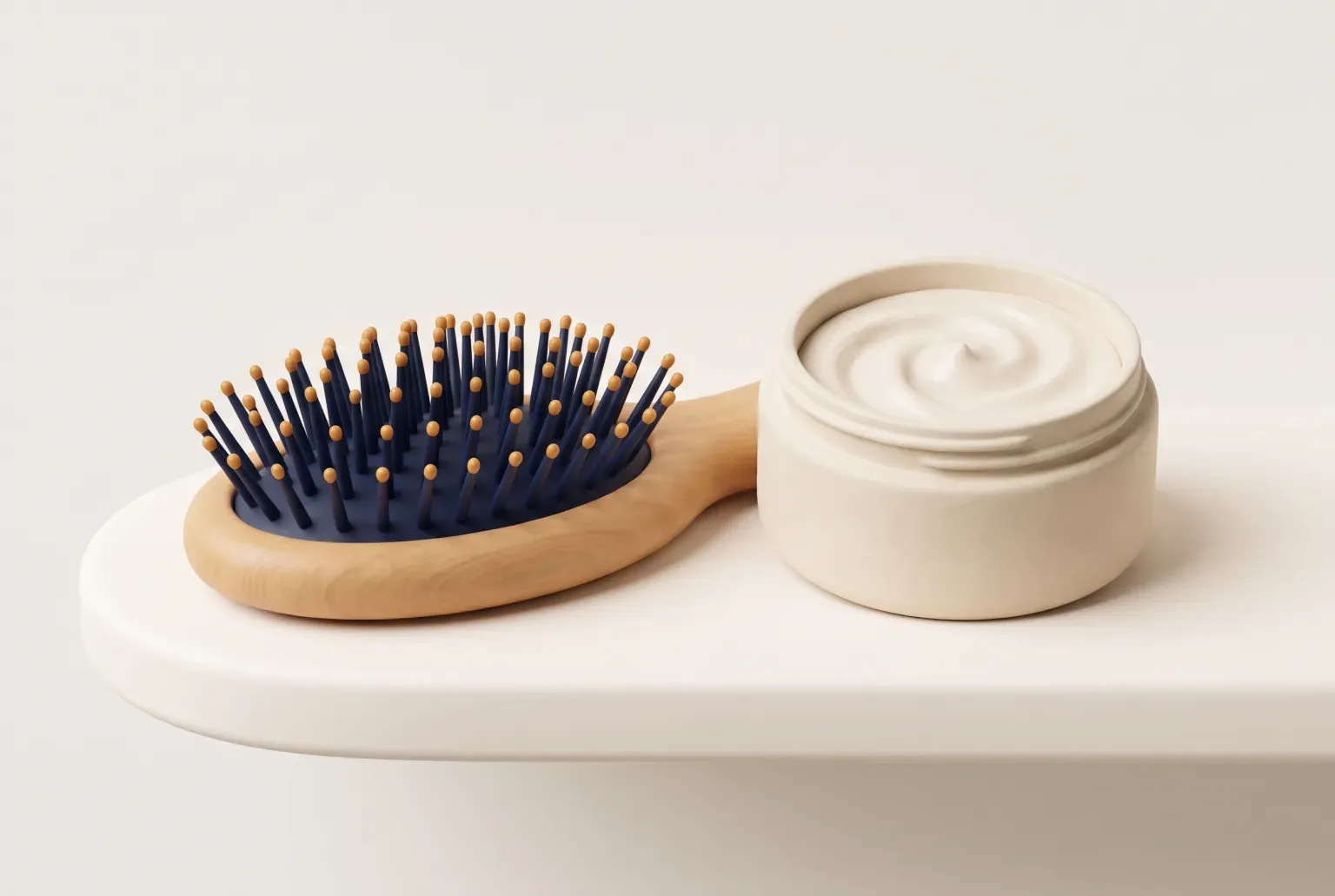 Illustration: a wooden curl-defining brush with rows of round-tipped pins lying beside a round open jar of cream on a pale shelf, drawn as a soft 3D render. Not a real product.