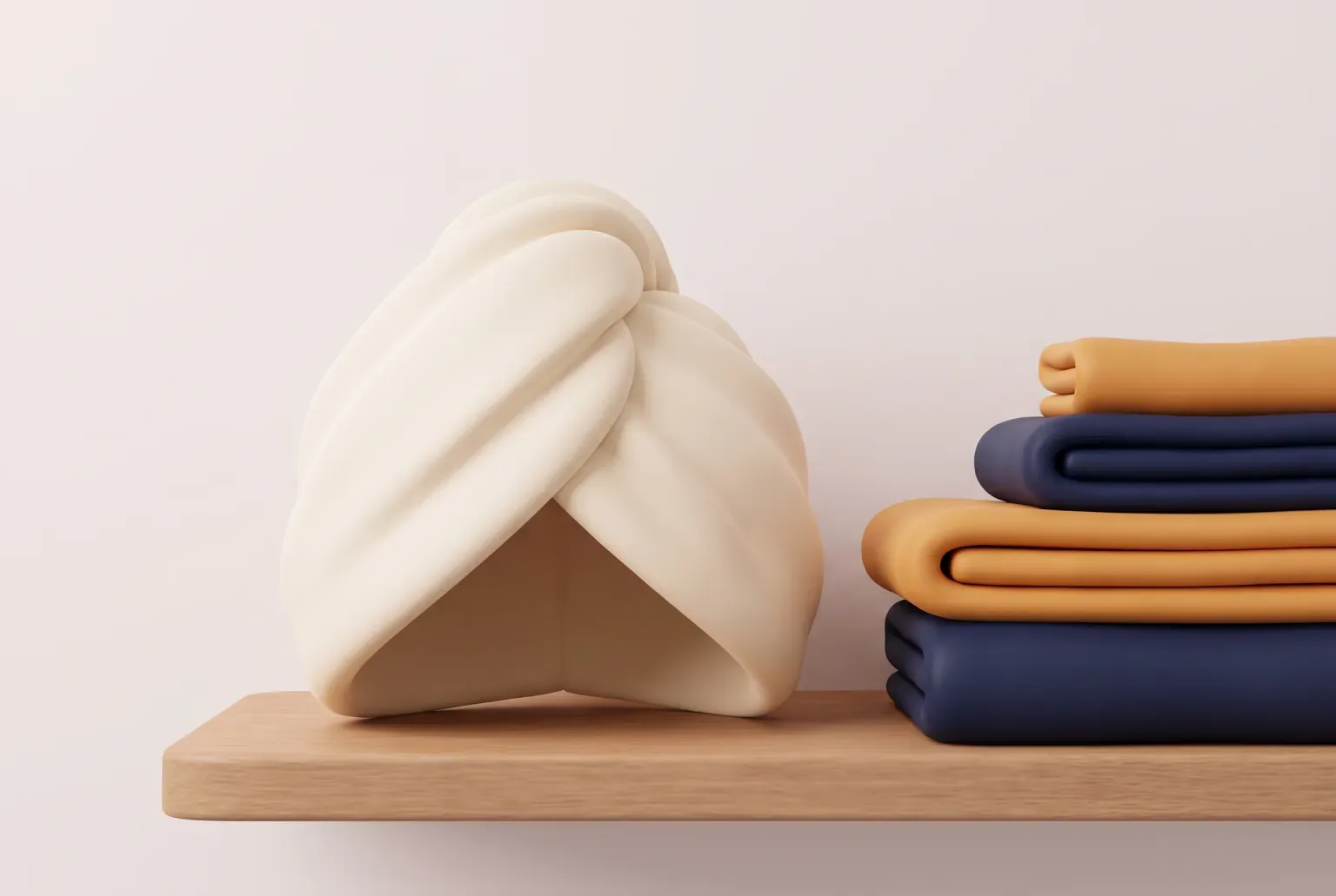 Illustration: a cream hair towel twisted into a turban resting on a wooden bathroom shelf beside a stack of folded navy and amber towels, drawn as a soft 3D render. Not a real product.
