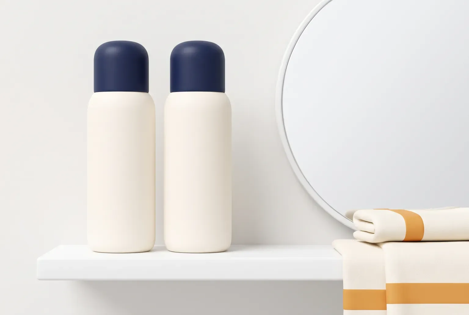 Illustration: two plain cream cans with navy caps on a white shelf beside a round mirror and folded striped towels, drawn as a soft 3D render. Not a real product.