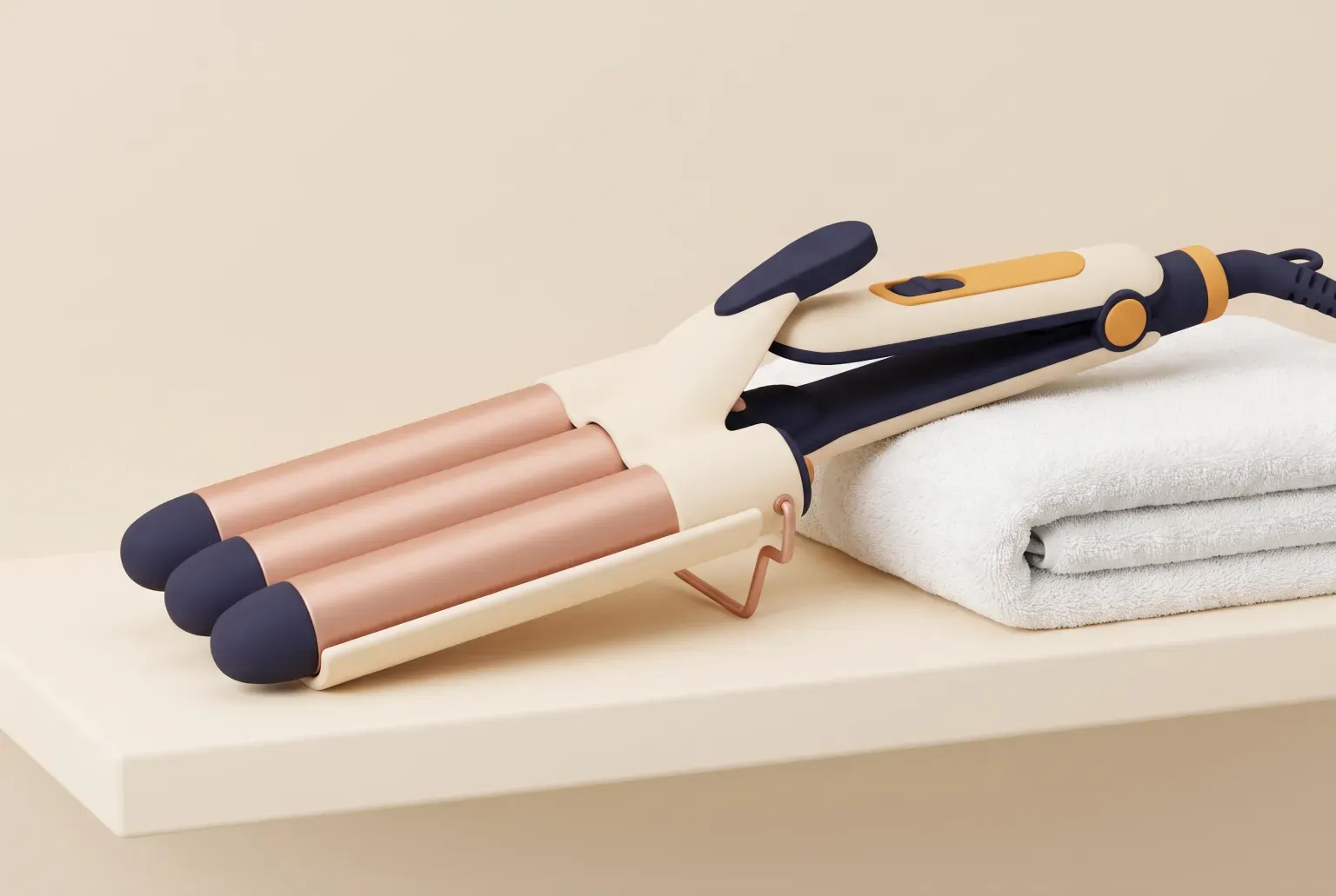 Illustration: a rose gold three-barrel hair waver iron with navy tips resting on a cream shelf beside a folded white towel, drawn as a soft 3D render. Not a real product.