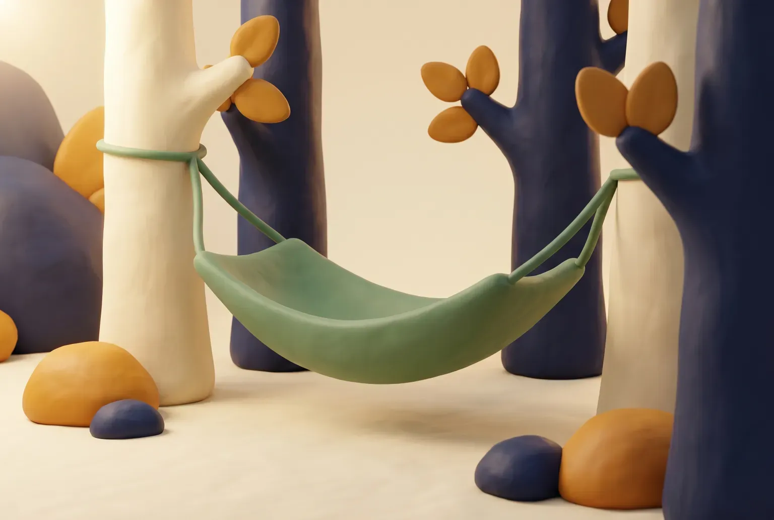 Illustration: a sage green fabric hammock slung between two tall cream and navy trees in a clearing, drawn as a soft 3D clay render. Not a real product.