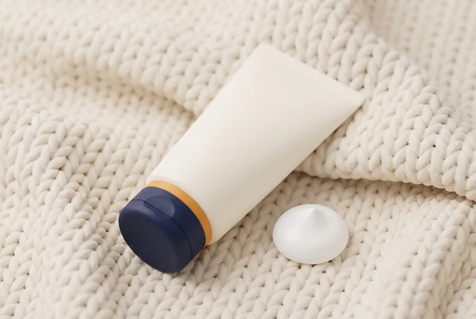 Illustration: a plain cream-colored squeeze tube with a navy cap and a small dab of white cream on a soft knitted blanket, drawn as a soft 3D render. Not a real product.