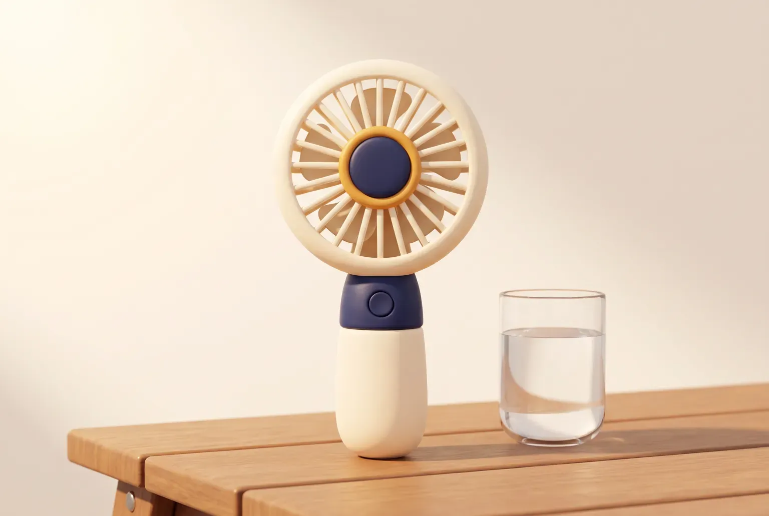 Illustration: a compact plastic rechargeable handheld fan with a round blade guard and a short handle standing on a sunny picnic table beside a glass of water, drawn as a soft 3D render. Not a real product.